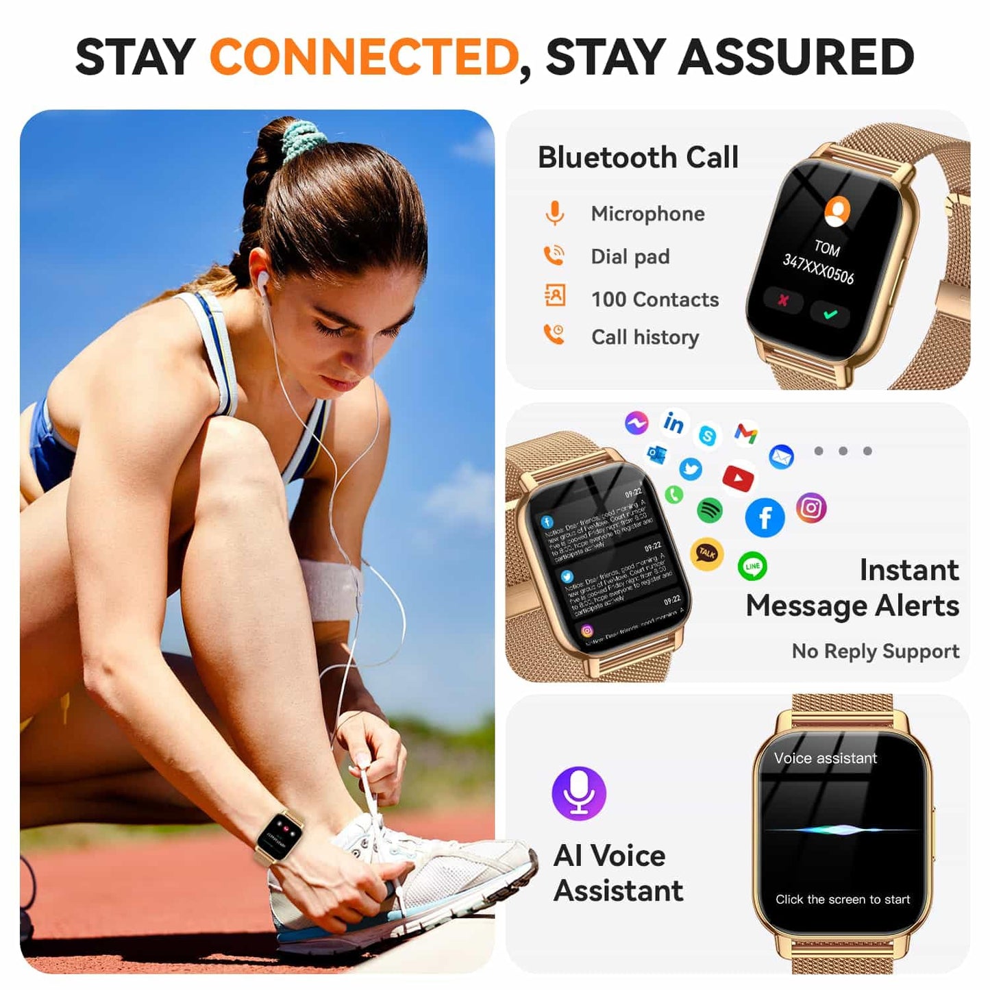 Smart Watch for Women(3 Bands), Smartwatch Fitness Tracker with Bluetooth Calls & AI Voice Control, 1.85’’ HD Screen, Heart Rate/SpO2 Monitor, Sleep Tracker, Compatible with Android iOS (Gold)