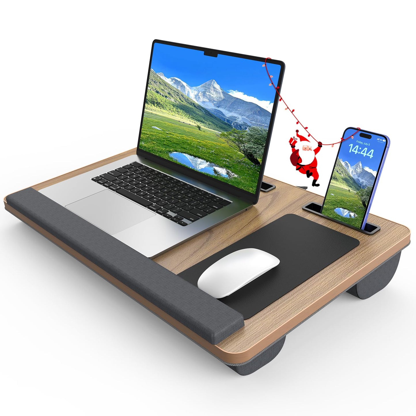 Laptop Lap Desk, Portable Large Laptop Desk for Bed, Up to 17 in Lap Table with Wrist Rest, Mouse Pad, Tablet Phone Slot, Portable Handle, Cushion (Dark Brown Woodgrain)