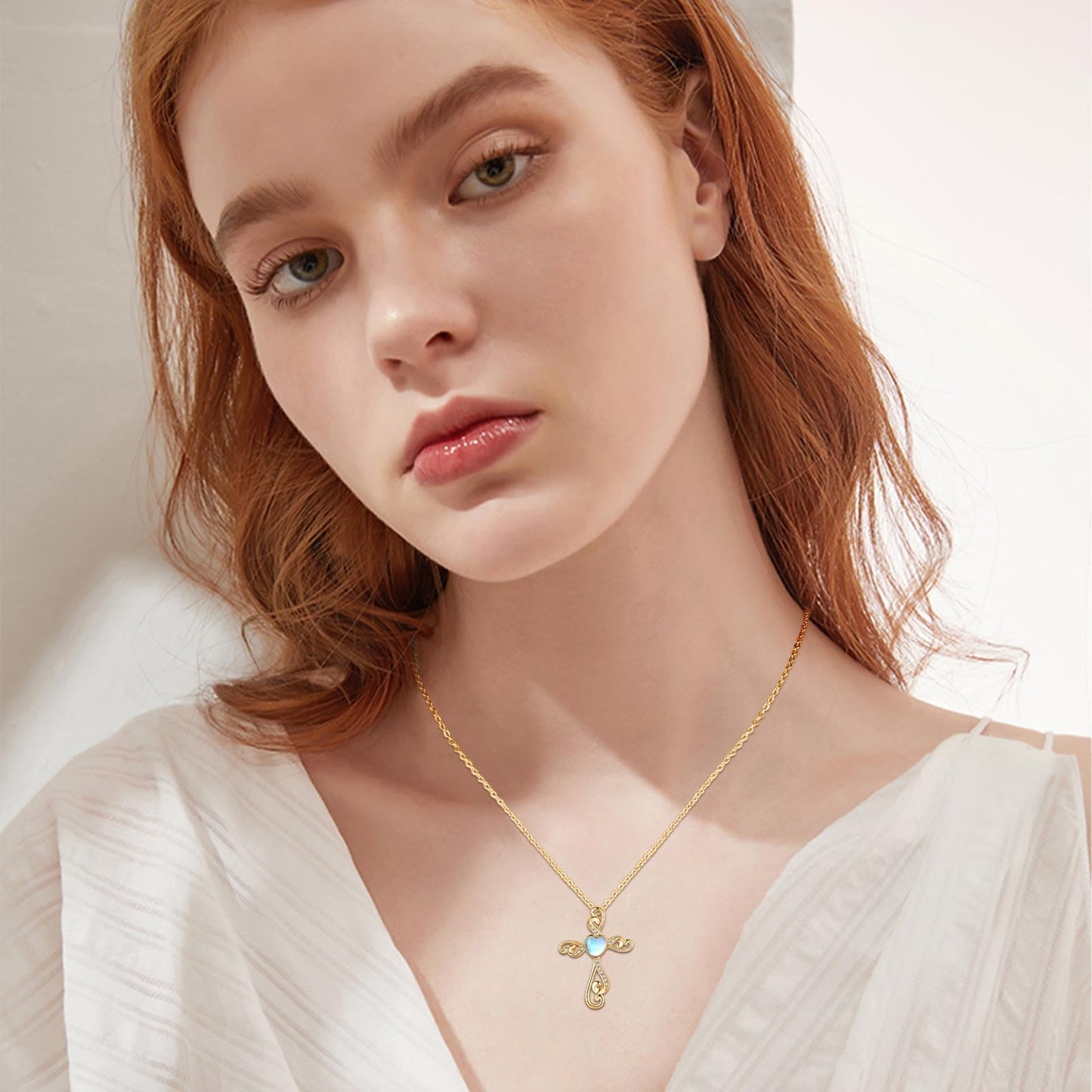 Twoowl 14K Gold Plated Cross Necklace 925 Sterling Silver Moonstone Christian Pendant Religious Cross Jewelry Gifts for Mom Women