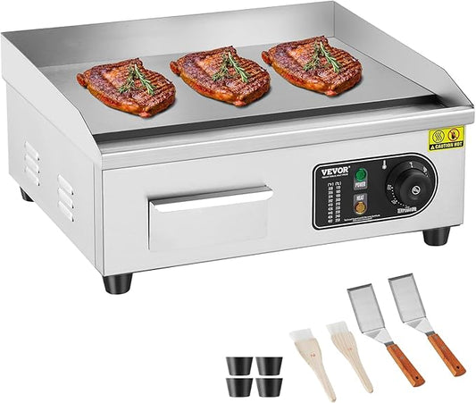 VEVOR Commercial Electric Griddle, 1700W Countertop Flat Top Grill, 18in Stainless Steel Griddle Grill with 2 Shovels and 2 Brushes for Home or Restaurant, 122℉-572 ℉ Adjustable Temp