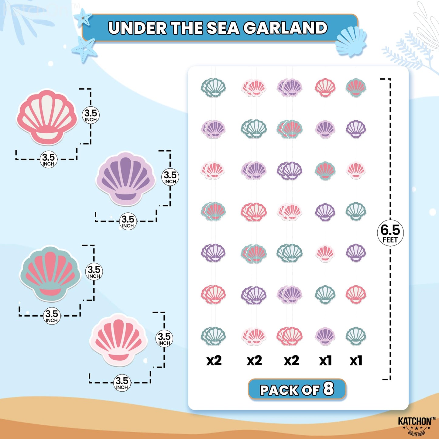 KatchOn, Seashell Banner Garland - 6.5 Feet, 8 Strings | Seashell Under The Sea garland, Under The Sea Party Decorations | Mermaid Garland, Mermaid Birthday Decorations, Ocean Themed Party Decorations