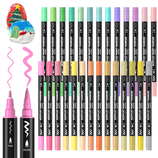 28 Pastel Colors Dual Tip Acrylic Paint Markers, Brush Tip and Fine Tip Acrylic Paint Pens for Rock Painting, Ceramic, Wood, Canvas, Plastic, Glass, Stone, Calligraphy, Card Making, DIY Crafts