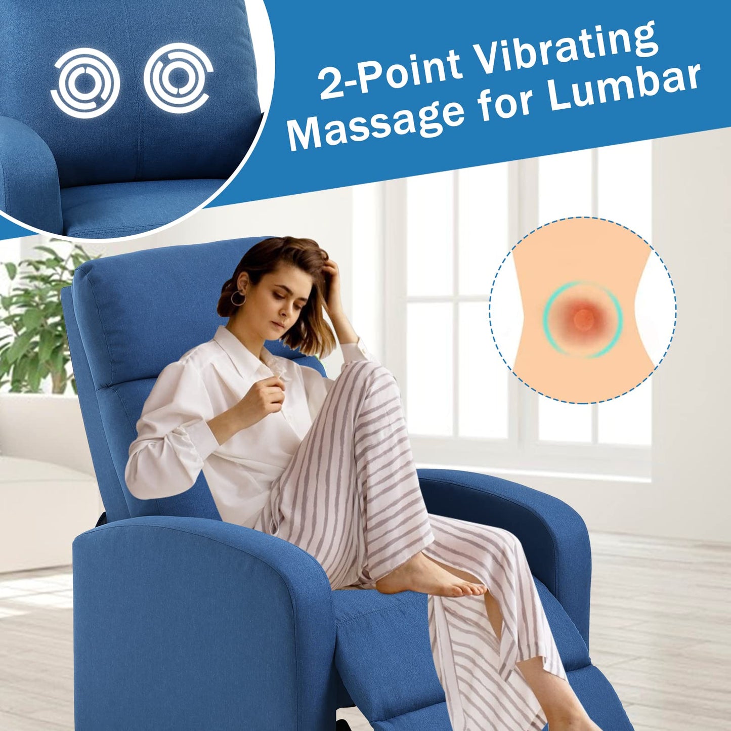 Living Room Recliner Chair Modern Reclining Easy Lounge Winback Single Sofa Reading Chair Fabric Home Theater Seating Massage Adjustable Accent Armchair w/ Thick Seat Cushion & Backrest, Blue