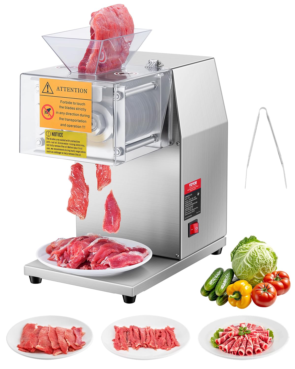 VEVOR 850W Meat Slicer, Commercial Meat Cutting Machine, Stainless Steel, 5 mm Thickness, Detachable Blades, Electric Food Slicer for Home Kitchen Restaurant Supermarket