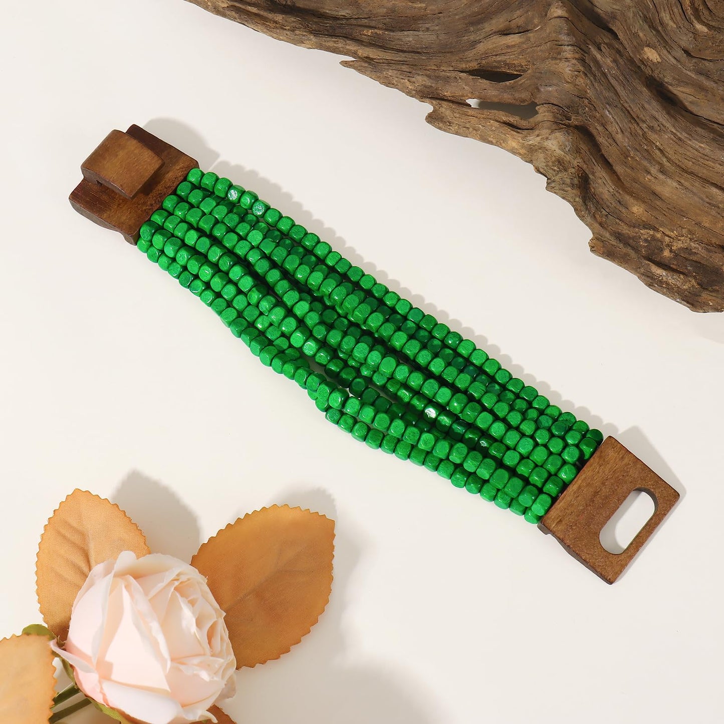 Coiris Boho Bangle Bracelets for Women Wooden Beaded Bracelets Chunky Bohemian Beach Bracelets Jewelry for Women(BR1235-Green)