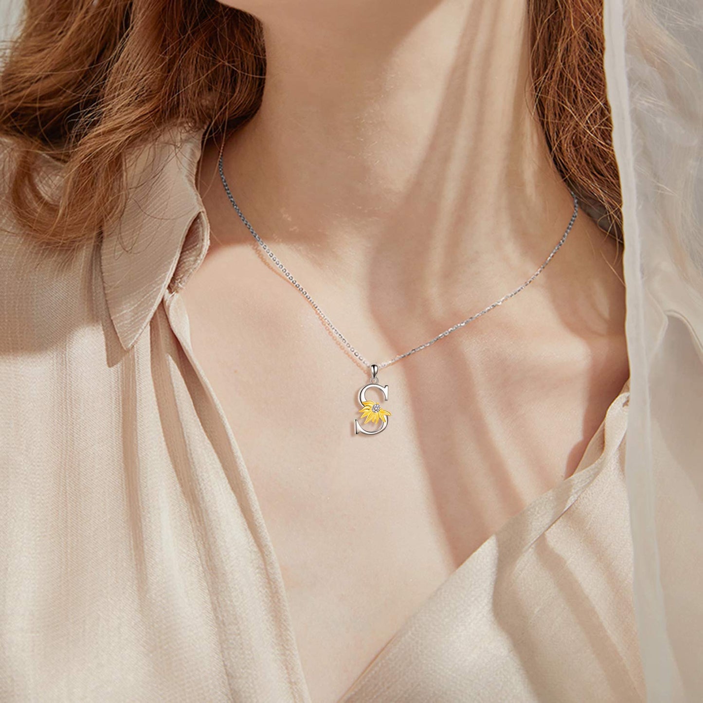 POPLYKE Sterling Silver Initial Alphabet Letter S Script Name Pendant Chain Necklace for Women for (Sunflower S)