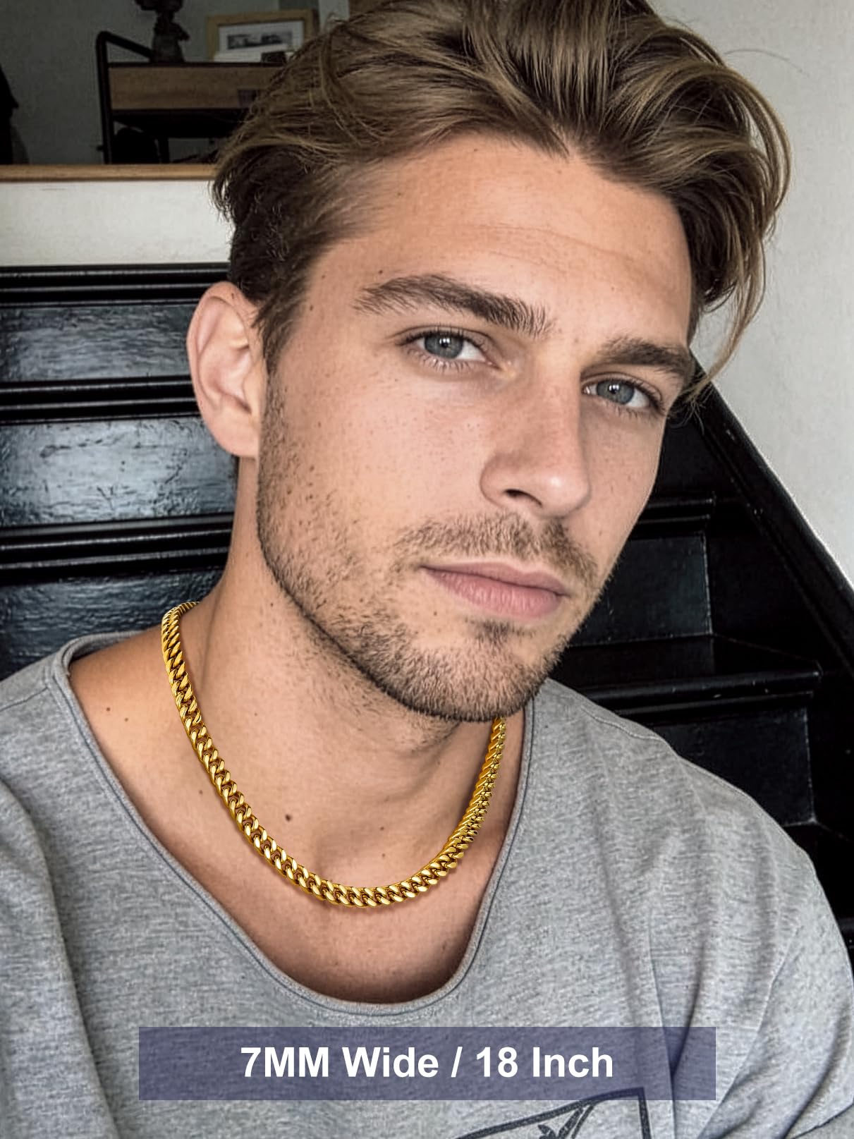 Bandmax 14K Gold Plated Chain for Men 7MM Miami Cuban Link Chain Necklace Mens Rapper Chains 20Inch Cadenas Para Hombre Gift for Husband Son Father