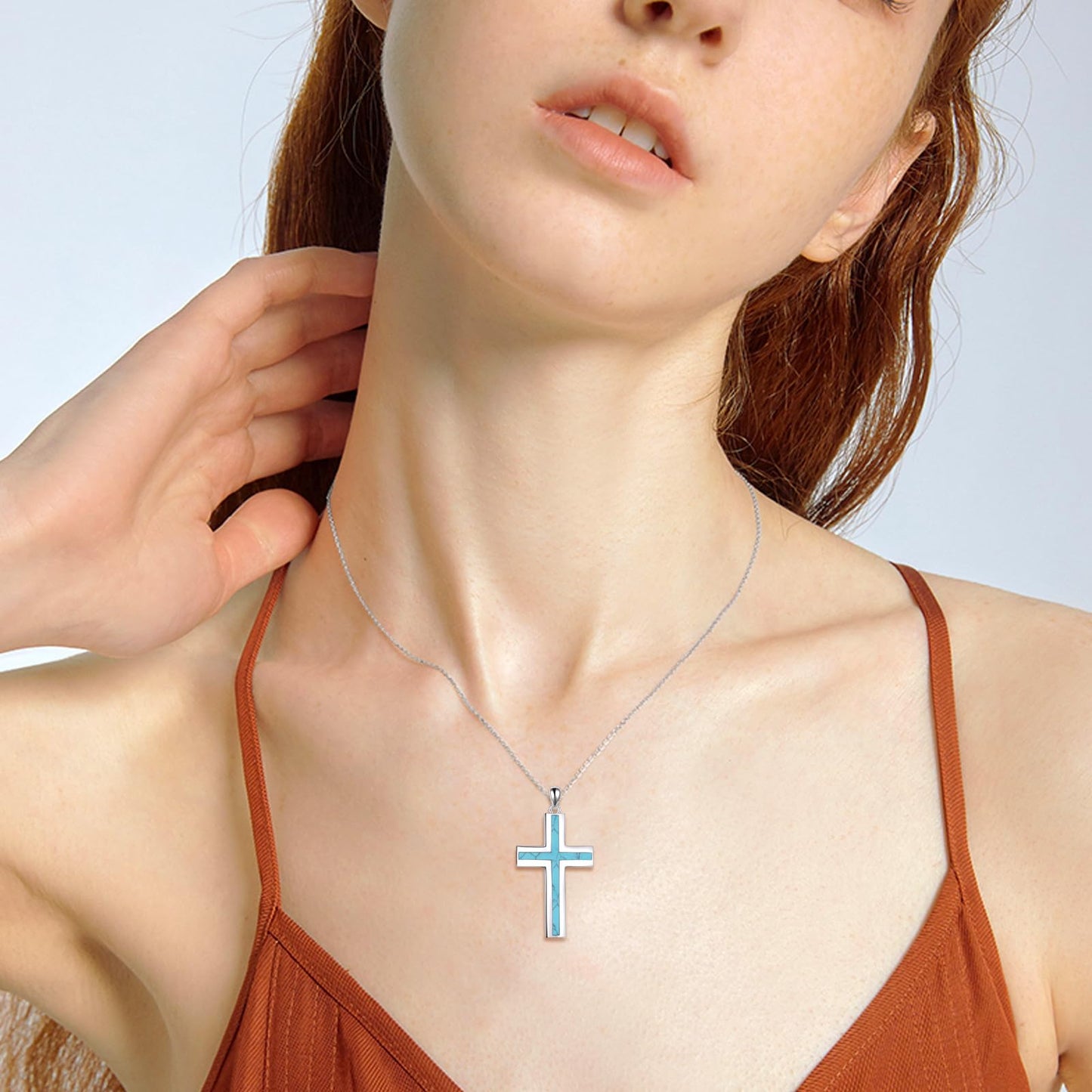 YFN Turquoise Cross Necklace Sterling Silver Cross Pendant Religious Jewelry Gifts for Women Men