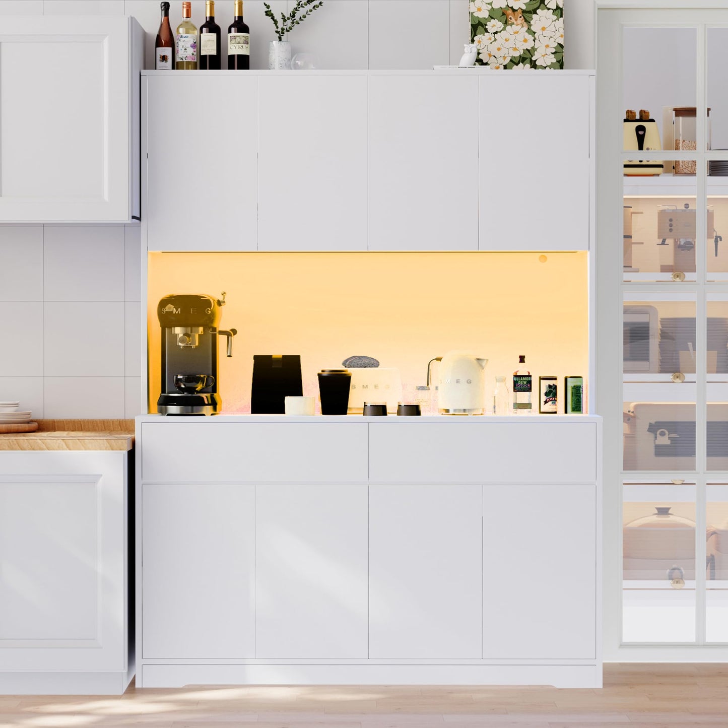 71" Tall 47" Wide Large Kitchen Pantry Storage Cabinet w/ Power Outlet,Led Light, Kitchen Hutch Pantry Cabinet w/ 2 Drawer and 8 Doors,Modern Freestanding Buffet Cabinets for Kitchens,Dining Room