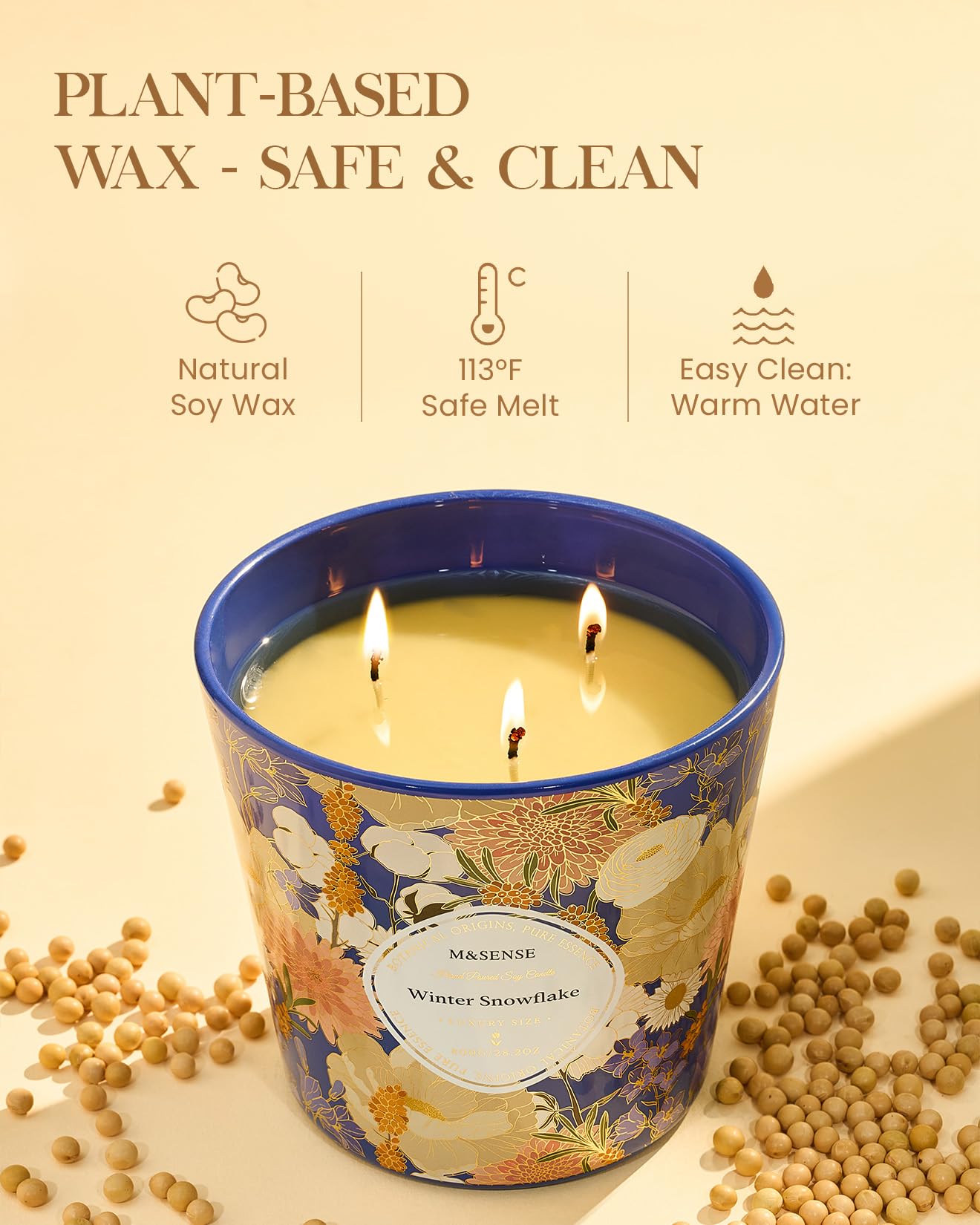 M&SENSE Winter Snow Flake Scented Candle, 28.2oz 3 Wick Natural Soy Wax Large Candles, Long Lasting Clean Slow Burning No Toxic Décor for Home Relaxation, Romantic Dates & Gift-Giving