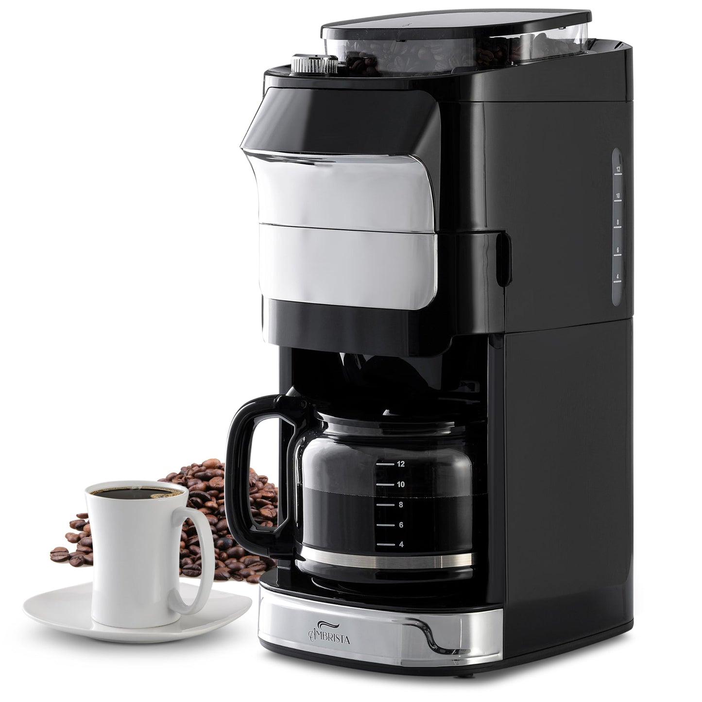 AMBRISTA 12-Cup Digital Drip Coffee Maker with Built-In Burr Grinder | Programmable Coffee Machine | Reusable Filter and Refillable Water Tank | Warming Plate with Glass Coffee Pot