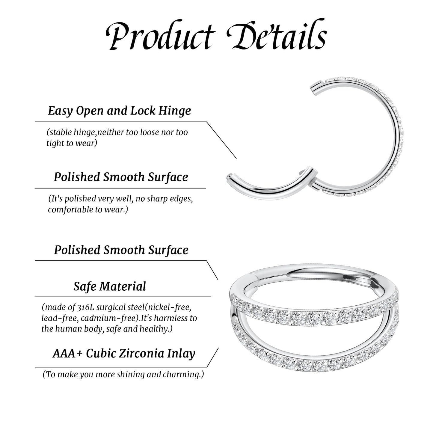 Conch Piercing Jewelry Silver Hoop Earrings 16g Nose Hoop with CZ Double Hoop 12mm Septum Jewelry Surgical Steel Septum Ring Septum Clicker Lip Rings Helix Earring Conch Piercing Cartilage Earring