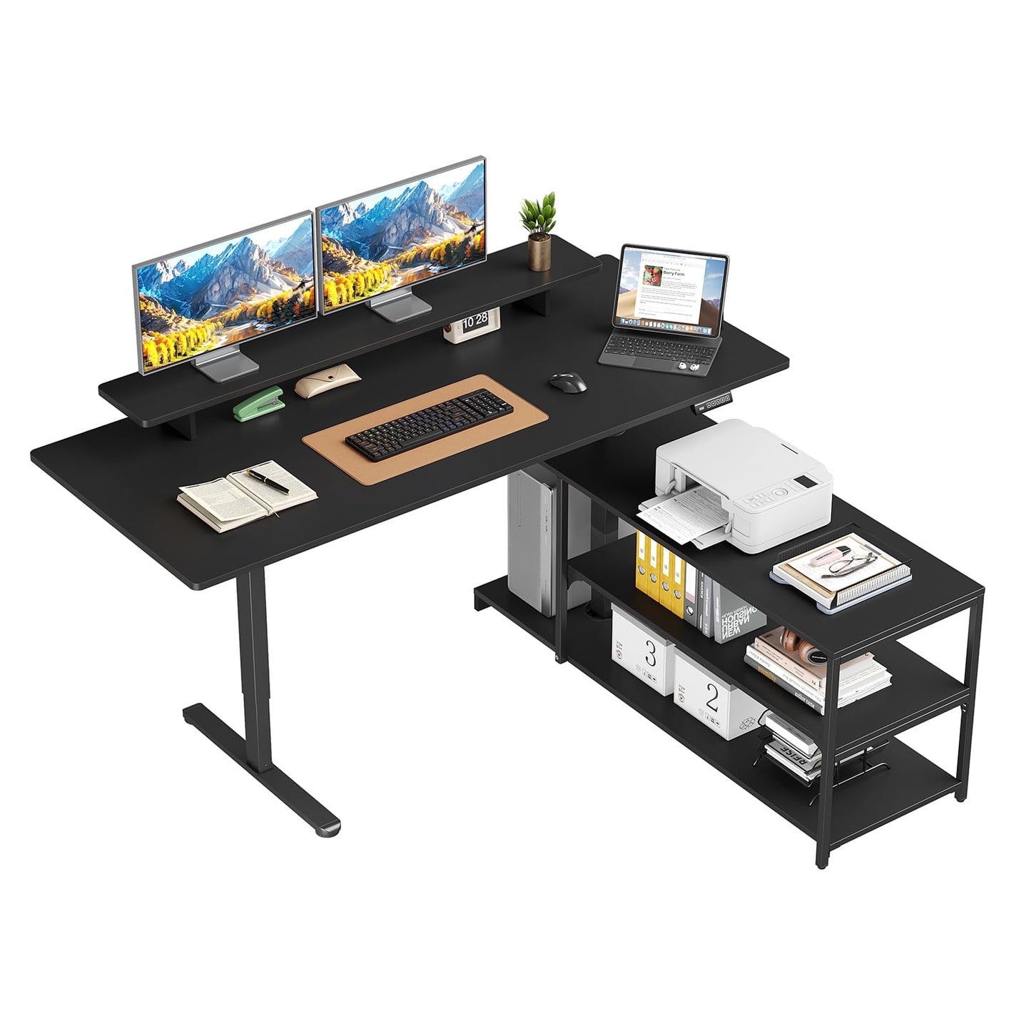 Lefurture Standing Desk with File Cabinet, 63x24'' L Shaped Electric Stand Up Desk with Adjustable Monitor Shelf, Adjustable Height 28-46'' for Home and Computer Workstation, Black