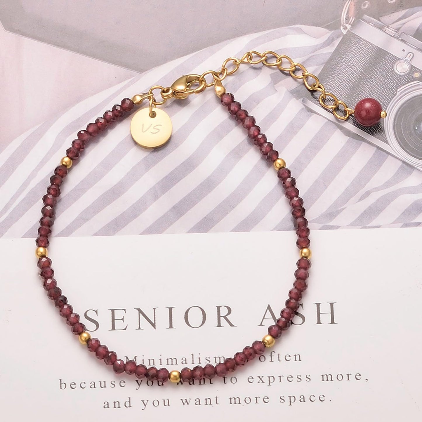 vissen Violet Garnet Cinnabar Beaded Bracelet for Women Gold Plated Adjustable Red Stone Bracelet Garnet Vintage Jewellery