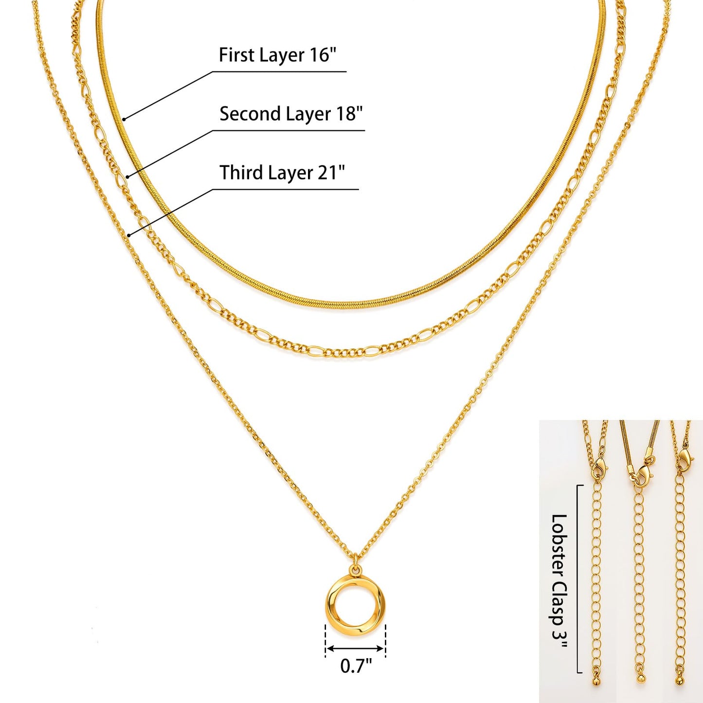 LANE WOODS 3-Piece Layered Gold Necklace Set for Women, 14k Gold Plated Dainty Circle Pendant Choker Stackable Jewelry, Adjustable Trendy Necklaces Gift for Wife Mom