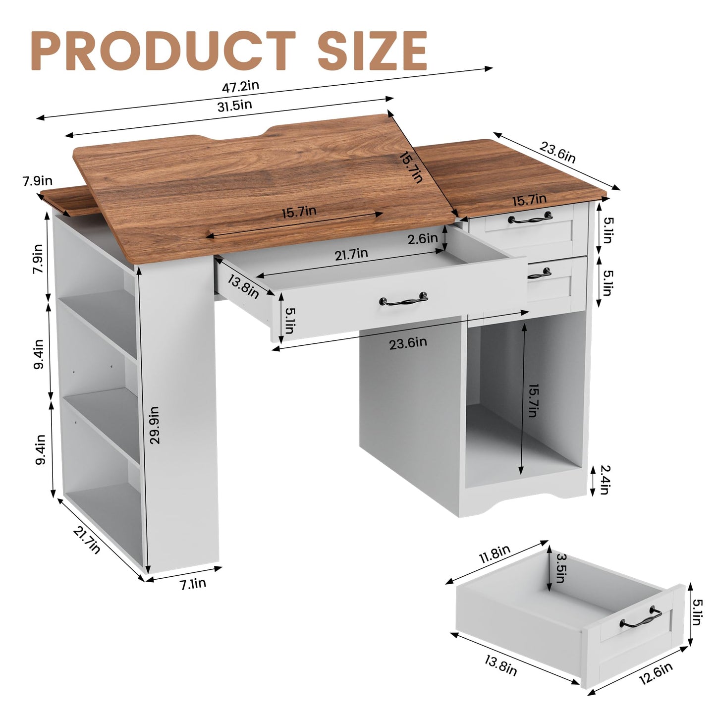 Smilets Crafting Table with Storage Cabinet & Drawers, Adjustable Drafting Table with Open Shelves, Drawing Computer Desk, Painting Desk, Workstation for Home Office Reading, Writing, Craftin