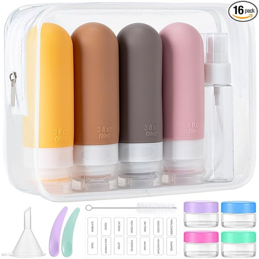 16pack Travel Bottles for Toiletries, TSA Approved LeakProof Squeezable Silicone Toiletry Containers for Shampoo, Conditioner, 3oz Portable Refillable Traveling Size Liquid Containers (16Pcs/Apricot)