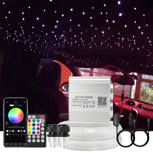 AKEPO 16W Dual Head Twinkle Fiber Optic Lights Kit, Car Home Use Star Ceiling Sky Light RGBW Twinkle APP Control Music Activated Light Engine+860pcs of Mixed Diameter Fibers 9.8ft/3m+Remote