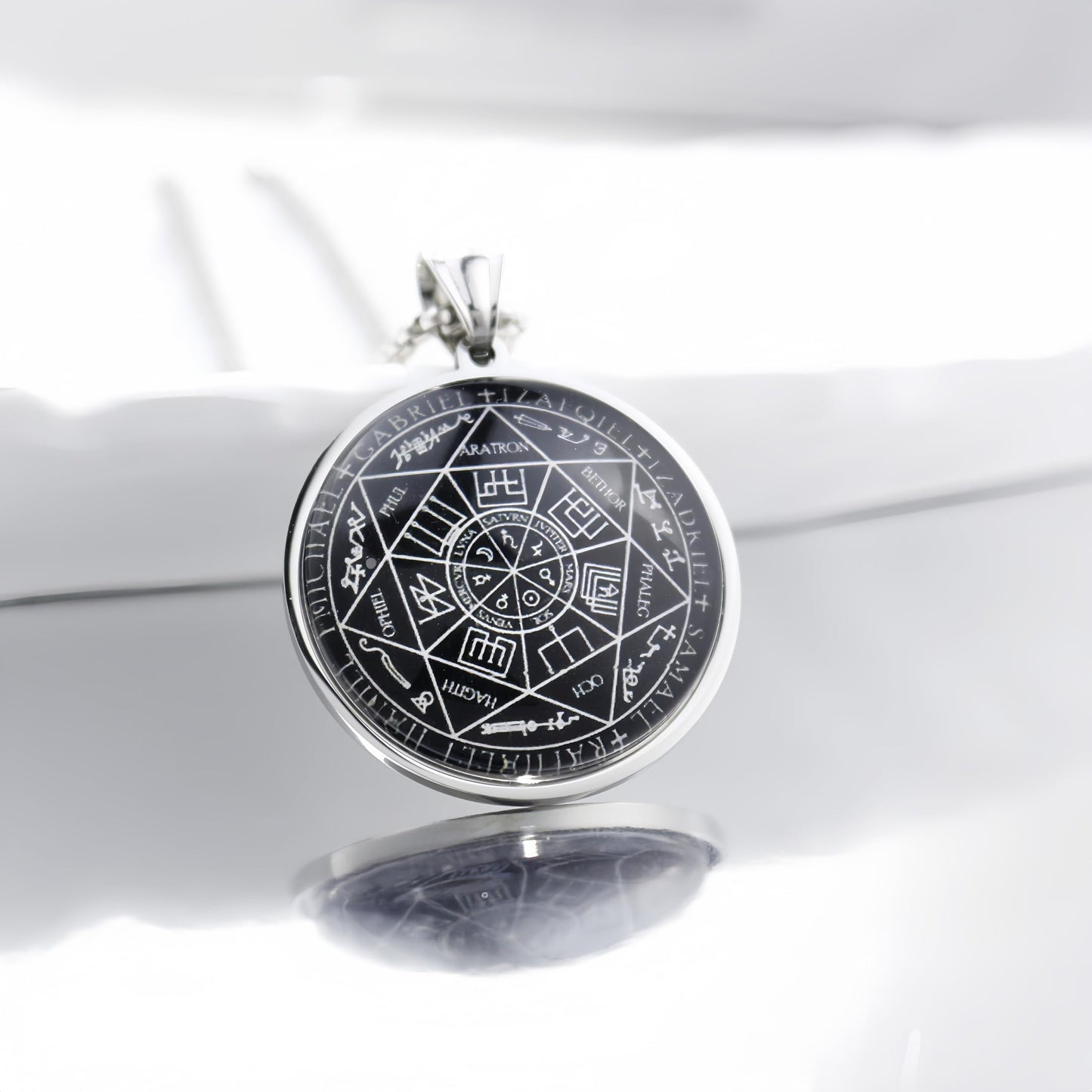 Seven Angel Medal Pendant Stainless Steel Glass Solomon Talisman Necklace Guardian Jewelry Men and Women 24 inch Gift Set (silvery)