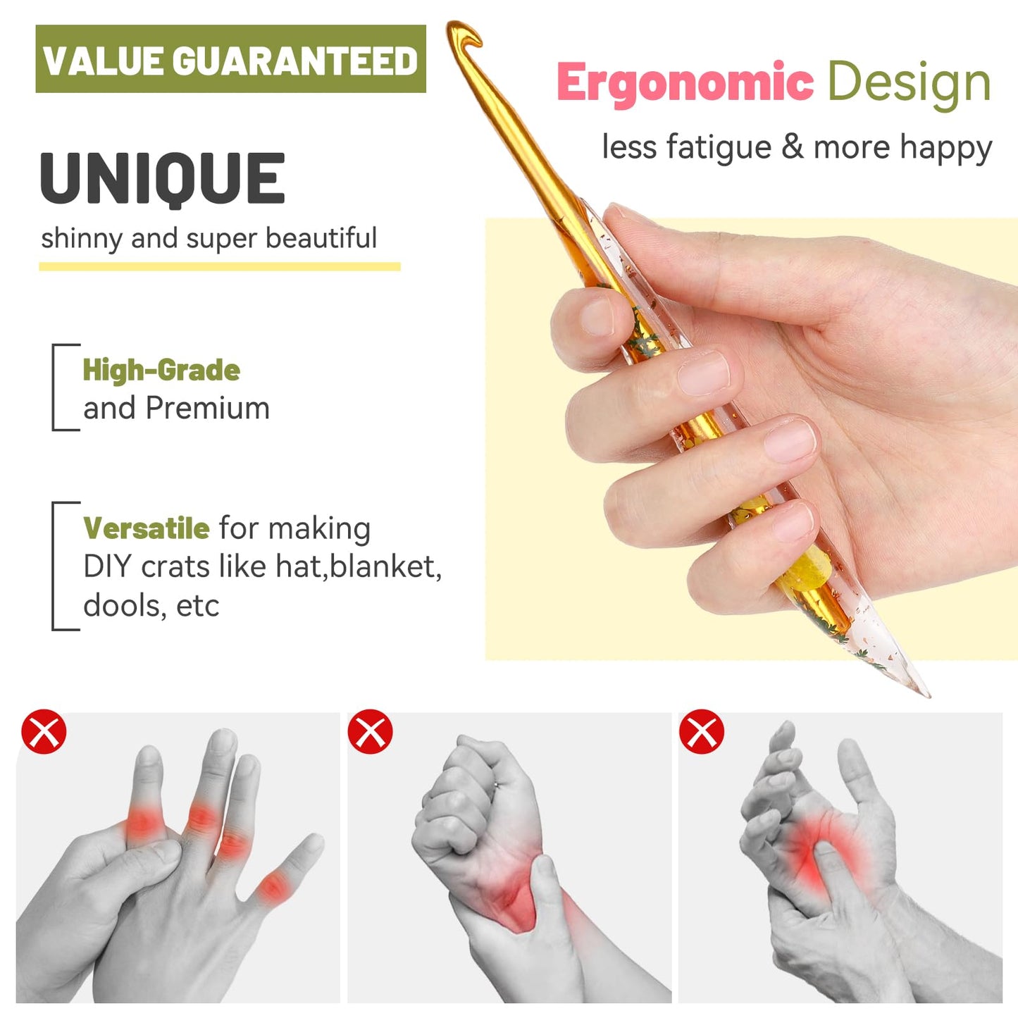 Aeelike Crochet Hooks Set, 3.0mm-6.0mm Ergonomic Crochet Hooks with Long Floral Handle-Super Shinny and Unique for DIY Crfats Blnaket Sweaters, Ideal & Beautiful Gifts for Mothers Crocheting Lovers