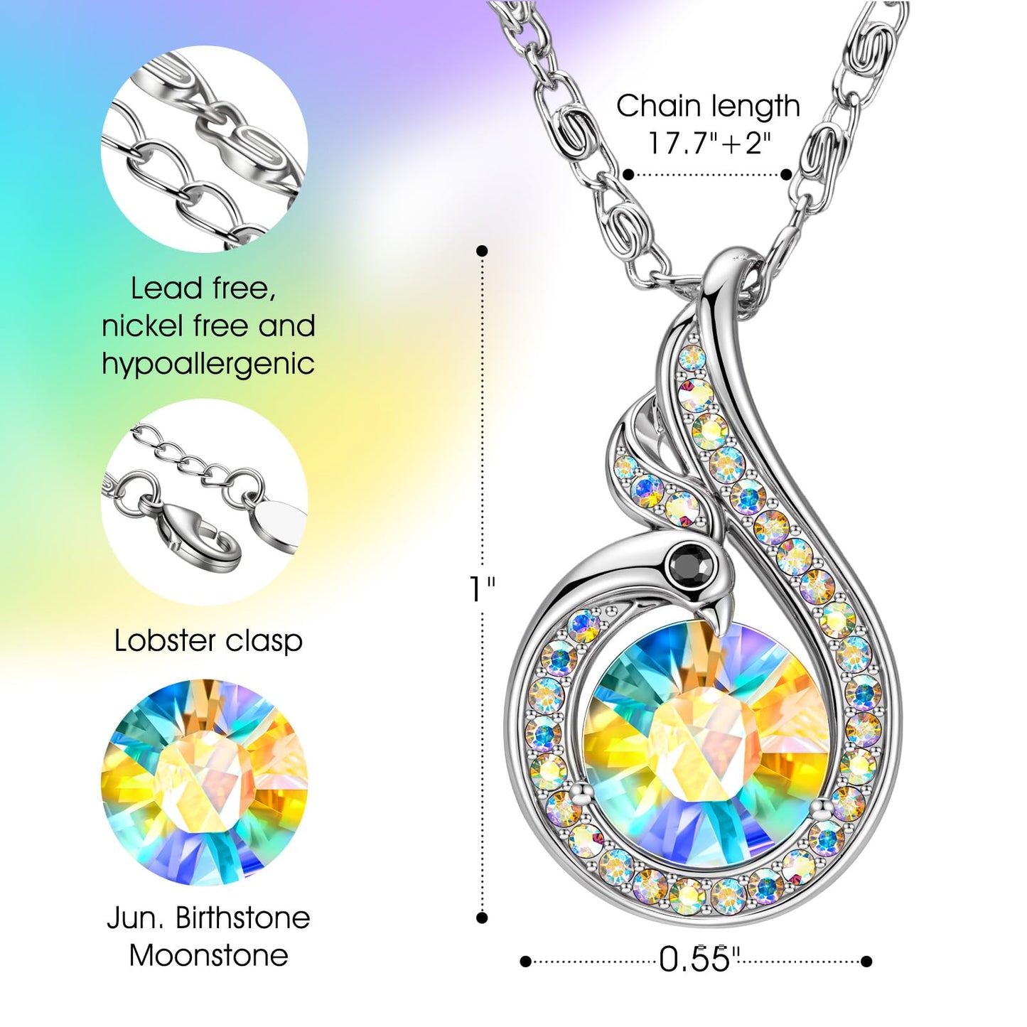 Kate Lynn Phoenix Birthstone Necklaces for Women Pendant Necklace Crystal Jewelry, Birthday Gifts for Women Wife Girlfriend Mothers Day Gift for Mom Daughter Unique Lady Christmas Jewelry Gift for Her, June Birthstone Moonstone Necklace