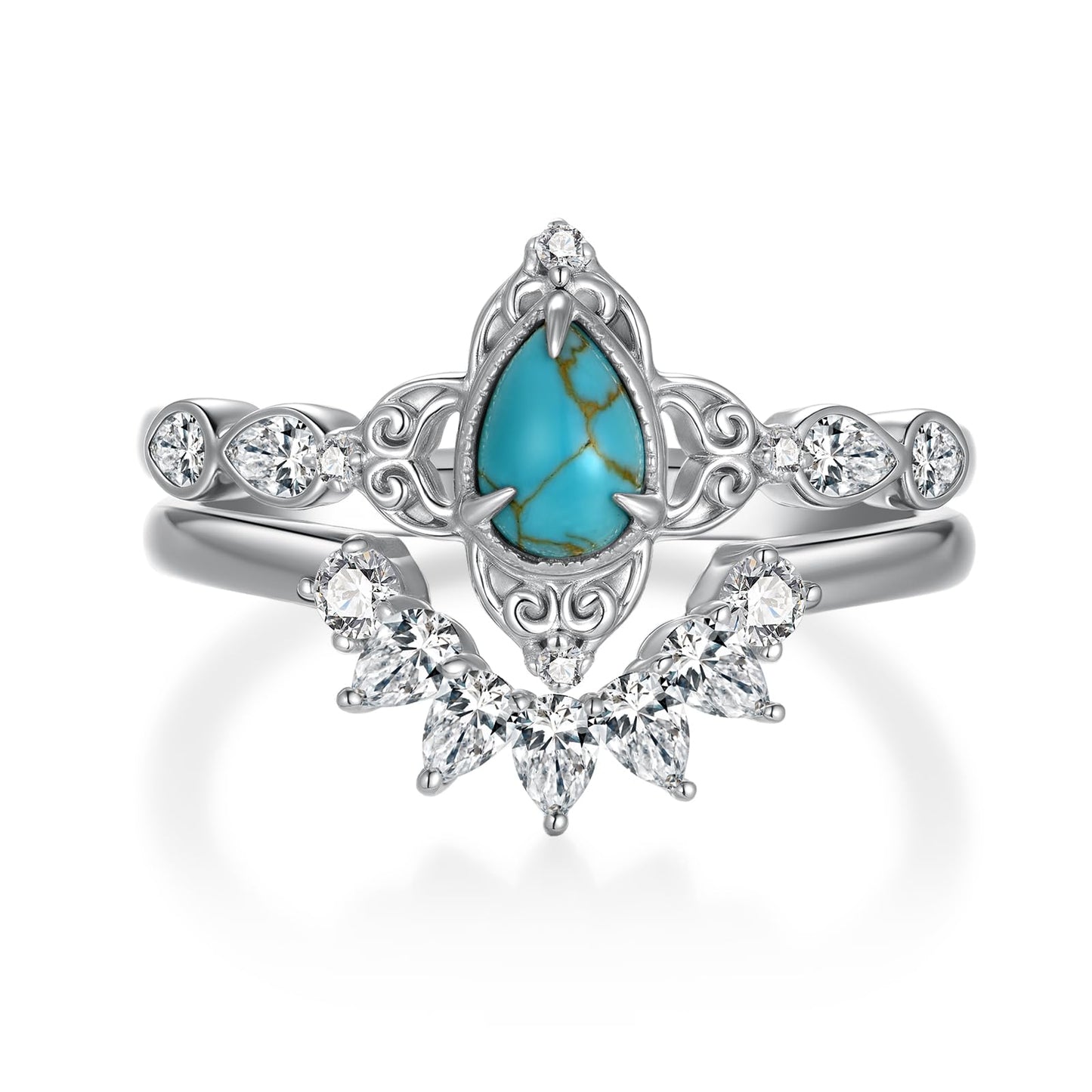 Genuine Turquoise Wedding Ring Set for Women 925 Sterling Silver Engagement Ring Sets Wedding Ring Set Real Turquoise Jewelry for Women (Size 7)