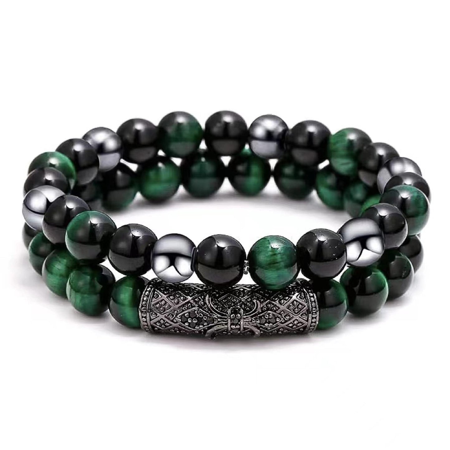 2Pcs Triple Protection Bracelet,Natural Tigers Eye Black Obsidian and Hematite 8 MM Beads Bracelet for Men Women Gift, Healing Crystal Bracelets Bring Luck and Prosperity and Happiness (Green)