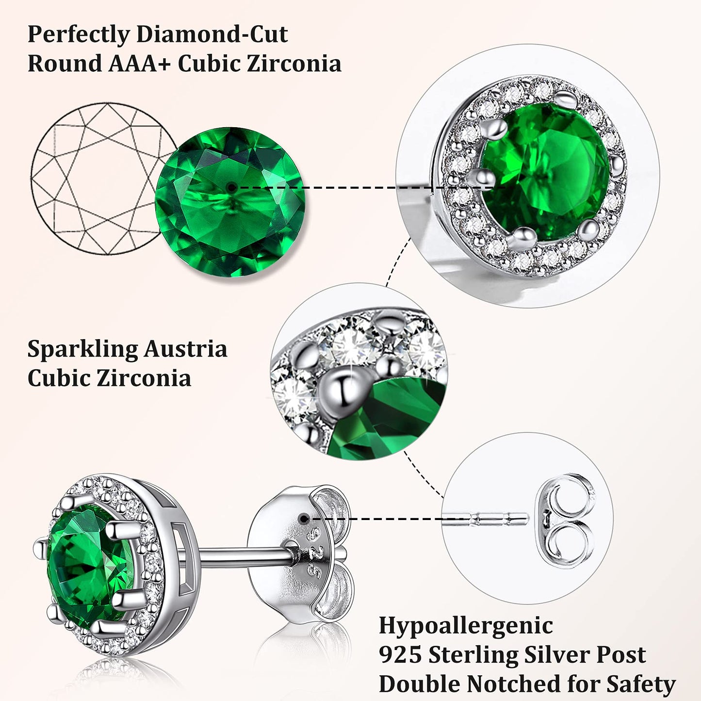 Bestyle May Green Emerald Earrings Silver Birthstone Earring for Women Green Stone Studs Jewelry for Birthday/Christmas/Party/Anniversary/Wedding