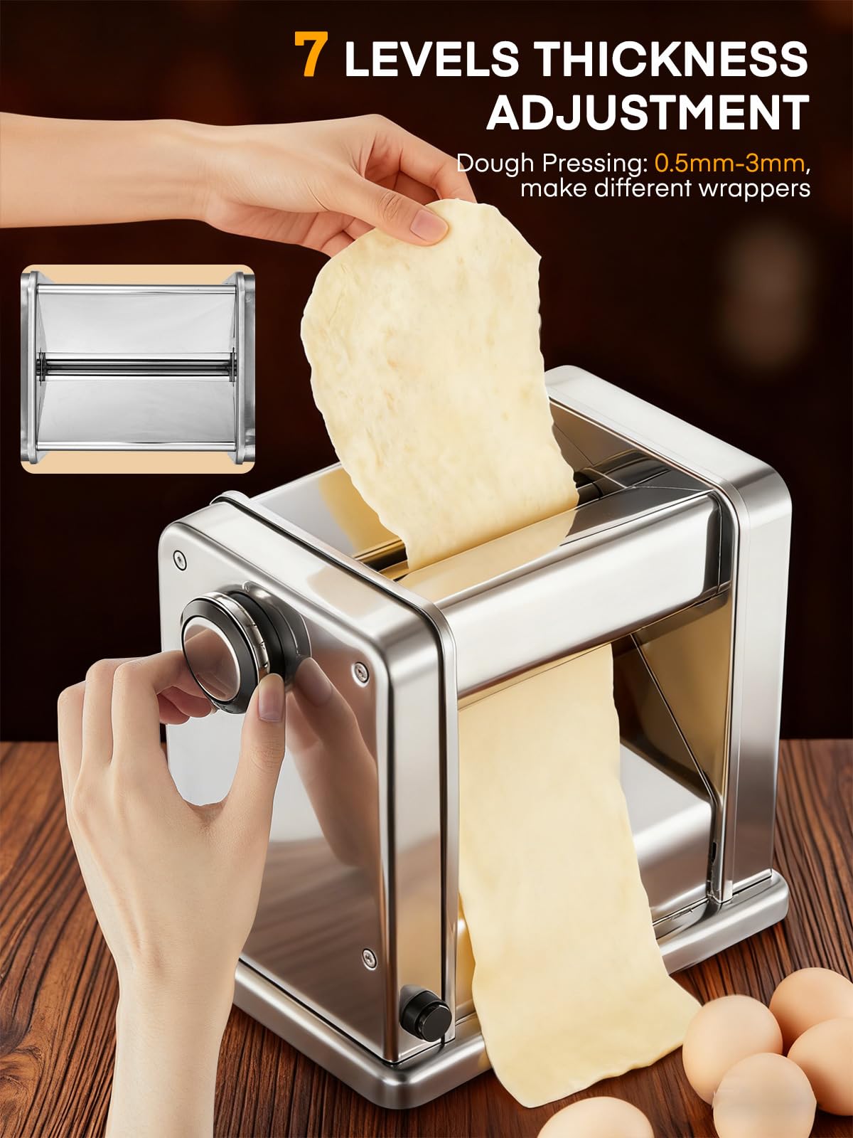 FOHERE Electric Pasta Maker Machine, Adjustable Thickness Noodle Maker for Spaghetti, Fettuccine, Lasagna & Dumpling Skins | 7-Level Customization, Food-Grade Stainless Steel, Easy Clean
