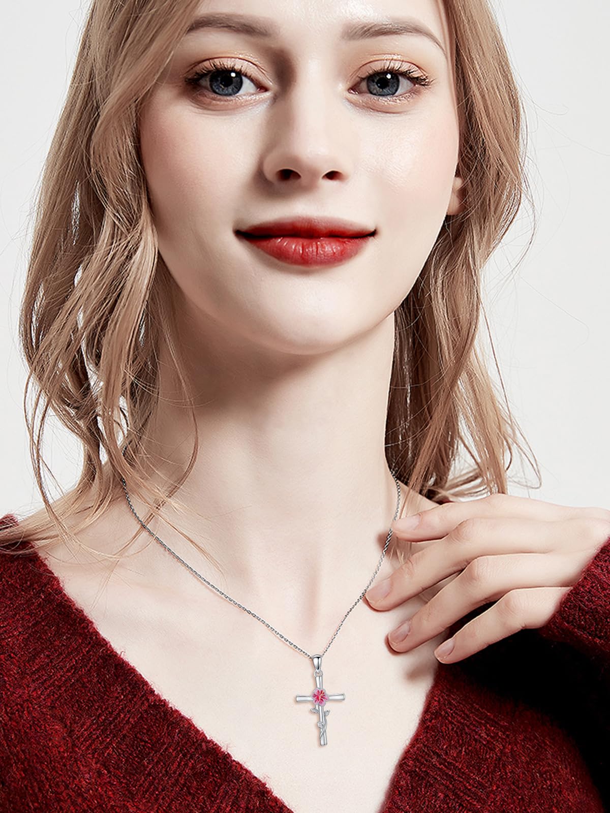 Cargari Hibiscus Cross Necklace for Women 925 Sterling Silver Birth Flower Pendant Hibiscus Flower Necklace Jewelry Floral Gifts for Women