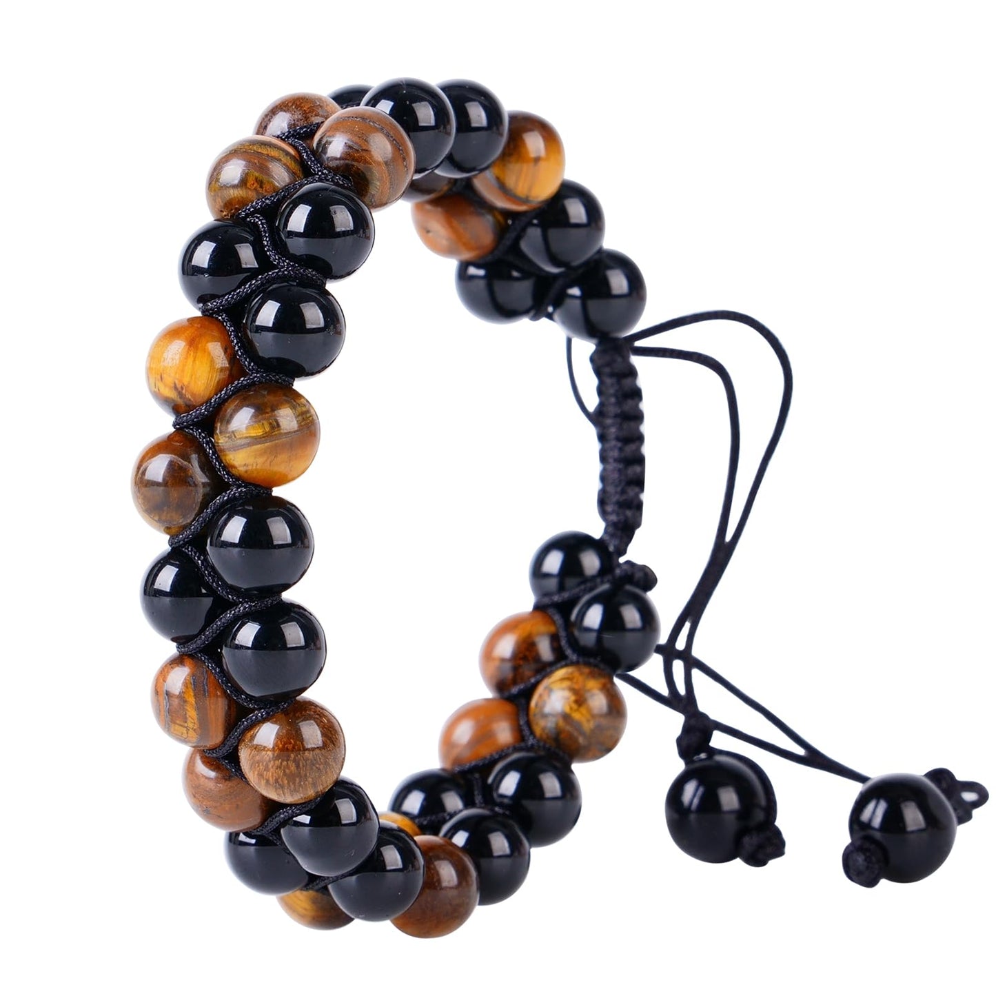 PAKUNDAS Handmade Double Protection Beaded Bracelet for Men Women 8mm Natural Tiger Eye Hematite Stone Adjustable Stretch Crystal Healing Jewelry