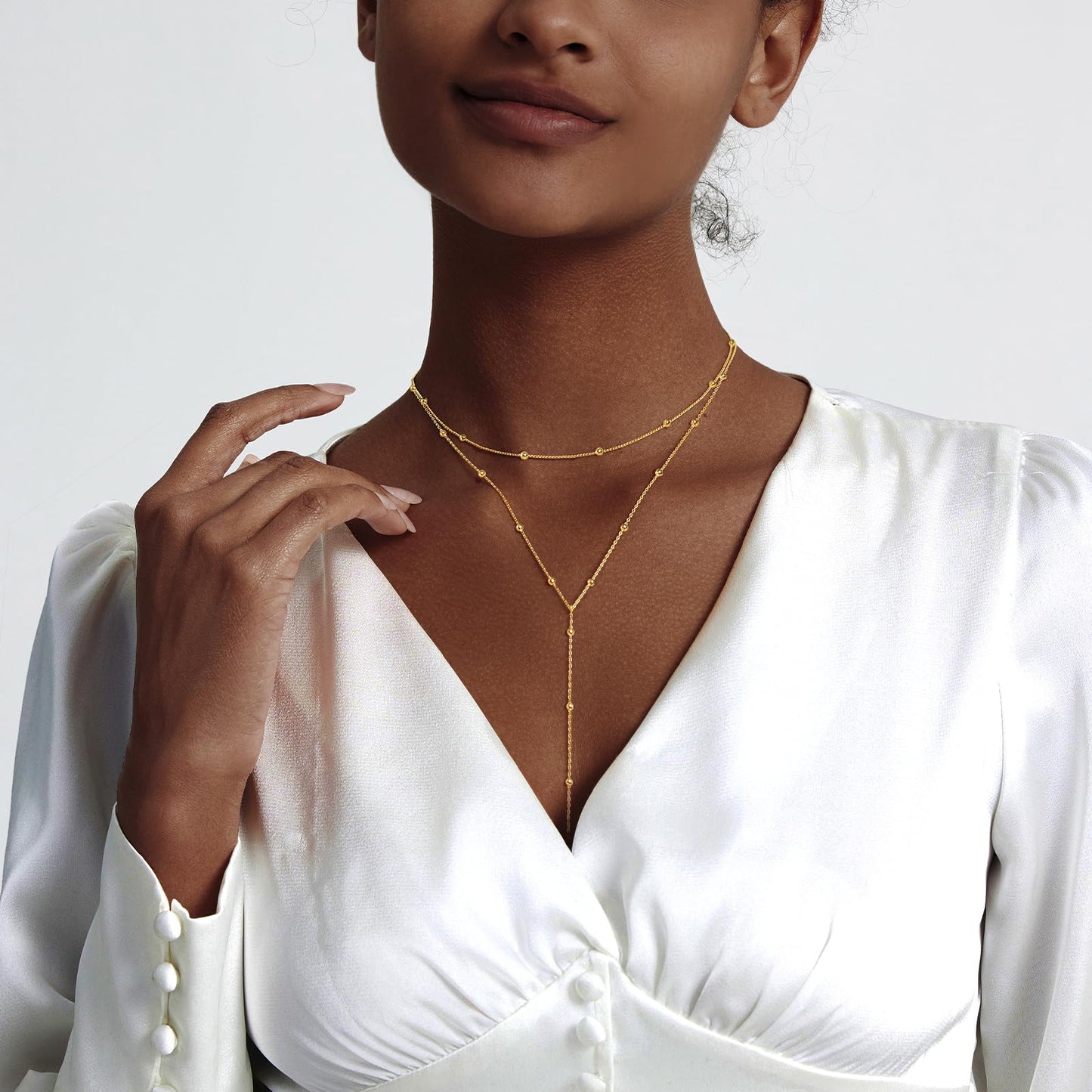 Zeffy Dainty Long Gold Necklaces for Women Trendy Lariat Y Necklace 14k Gold Plated Layered Beaded Drop Necklaces Simple Y-Shaped Chain Jewelry Gift Wedding