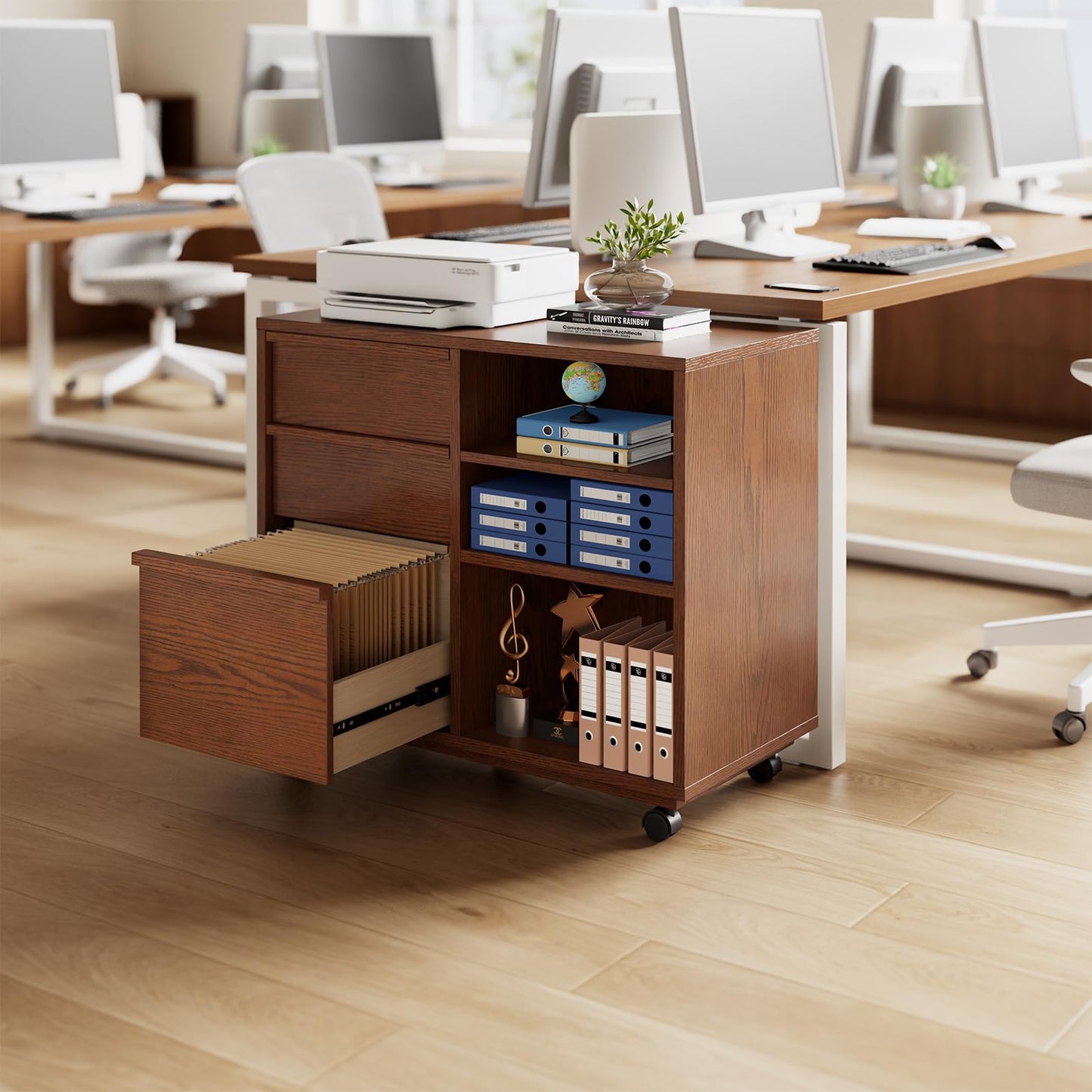 Solid Wood Lateral Filing Cabinet, 3 Drawer Mobile File Cabinet,Stand with Open Shelves,Storage Drawer Cabinet，The cabinet features adjustable steel rods，suitable for home offices,and bedrooms.