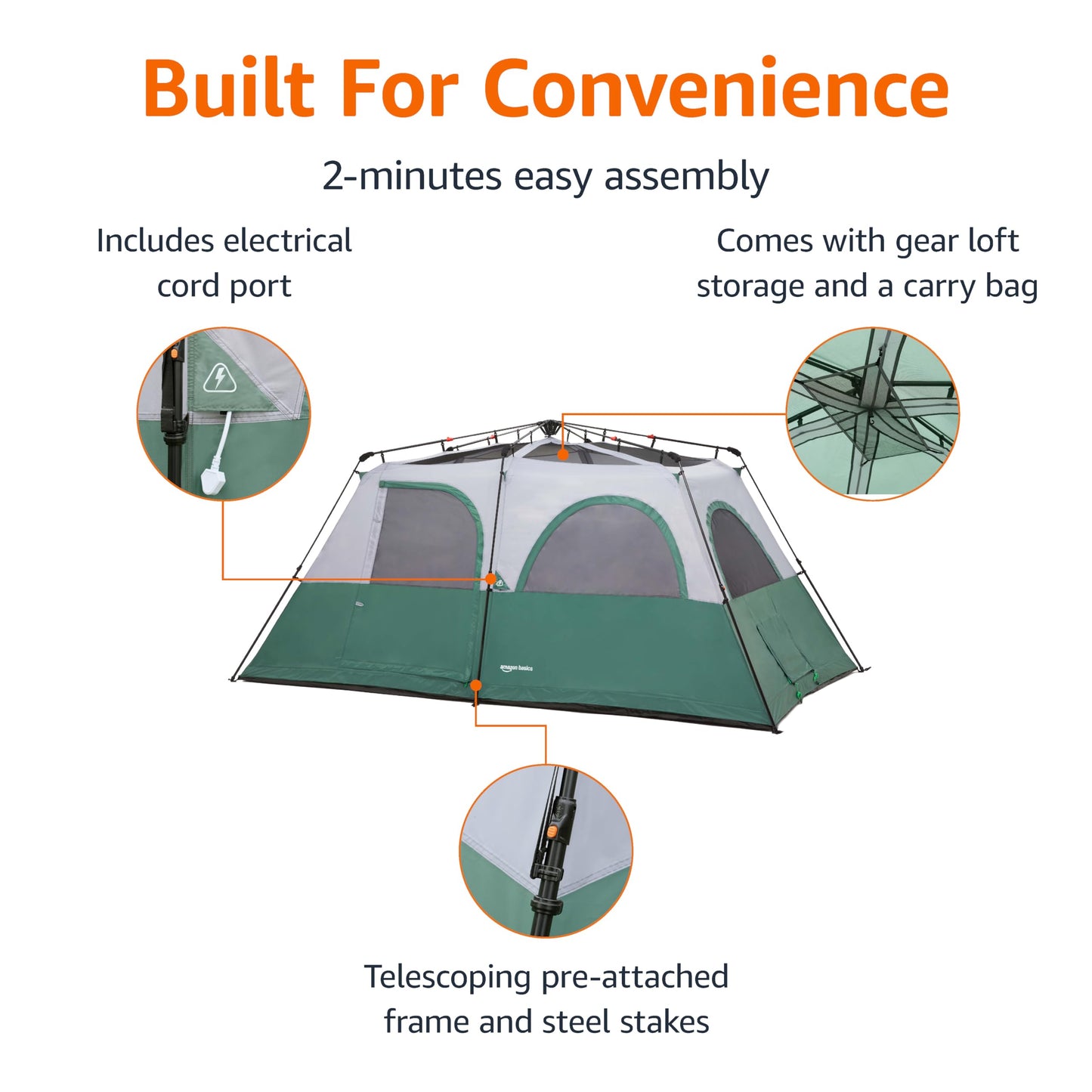 Amazon Basics 8-Person Instant Camping Tent, Easy Setup in 60 Seconds, Weather-Resistant with Rainfly, Mesh Windows, Storage Pockets, for Family Camping and Hiking