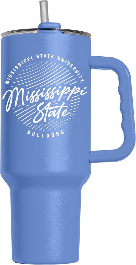 Logo Brands NCAA Mississippi State Bulldogs Retro Script Arctic 40 oz Tumbler with Handle - Stylish Everyday Use Powder Coated-Stainless Steel with Straw- Keeps Cold For Hours