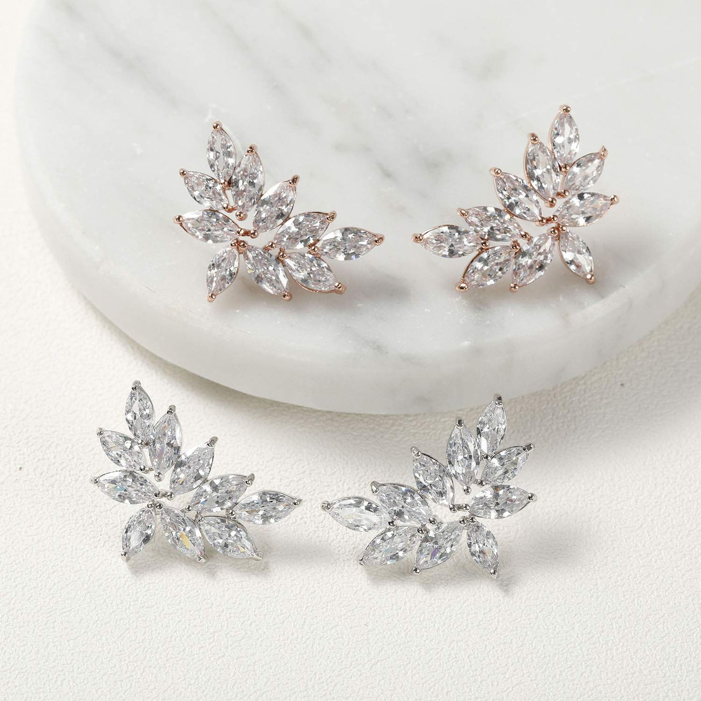 SWEETV Bridal Wedding Earrings for Brides Bridesmaid, Marquise Rose Gold Cubic Zirconia Rhinestone Cluster Earrings for Women, Prom