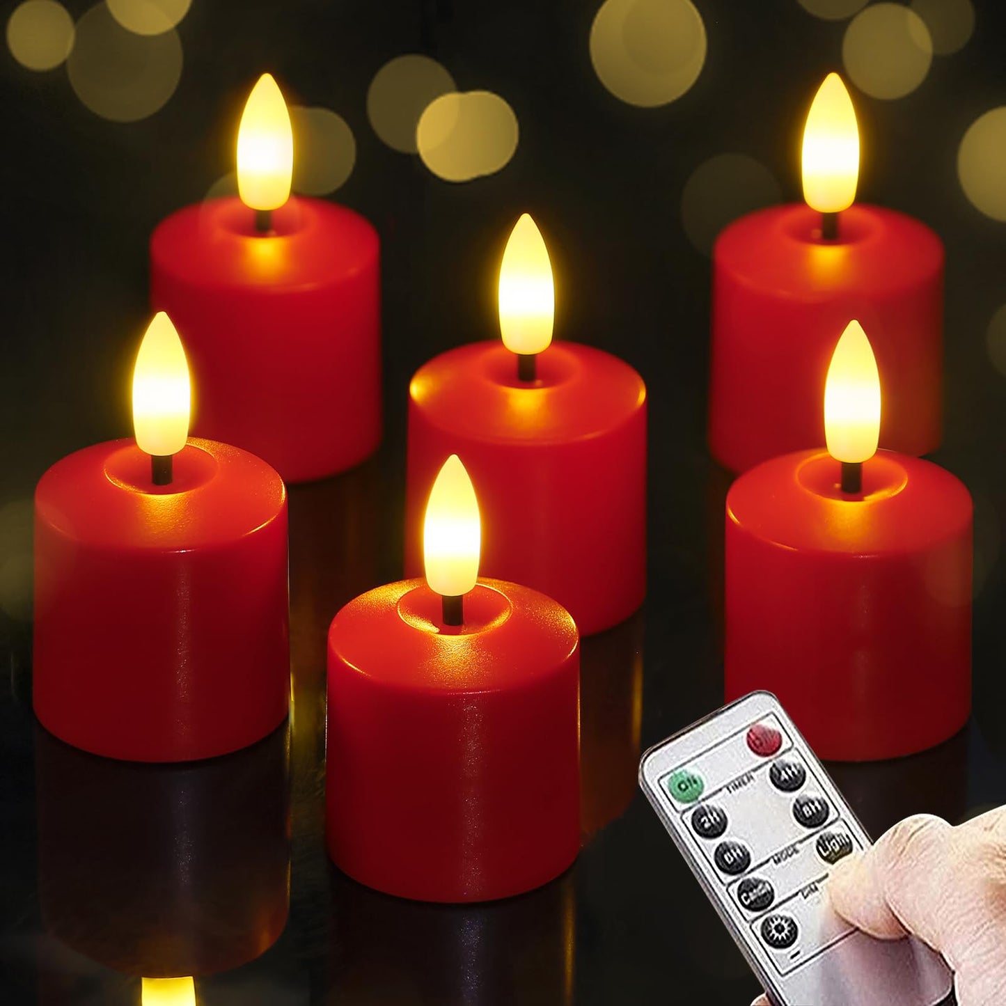Mavandes Small Flickering Tea Light Flameless Candles with Battery and Remote,1.5" x2.5"" Red LED 2/4/6/8H Timer Votive Battery Operated Pillar Plastic Long Lasting 6pcs Tealight Candles"
