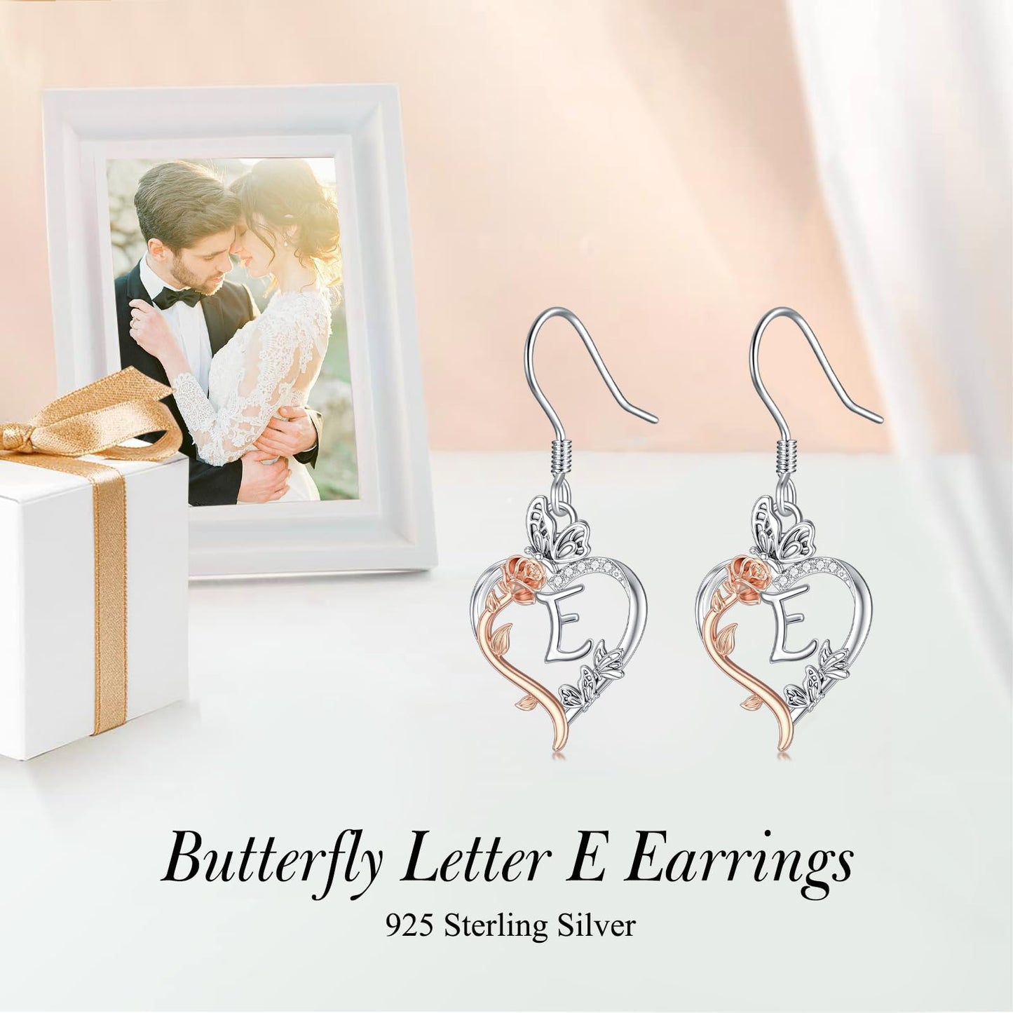 TOUPOP Rose Heart Initial Earrings Sterling Silver Butterfly Earring Initial E Letter Drop Dangle Earrings Jewelry Anniversary Birthday Mothers Day Gifts for Women Mom Wife Girlfriend Her