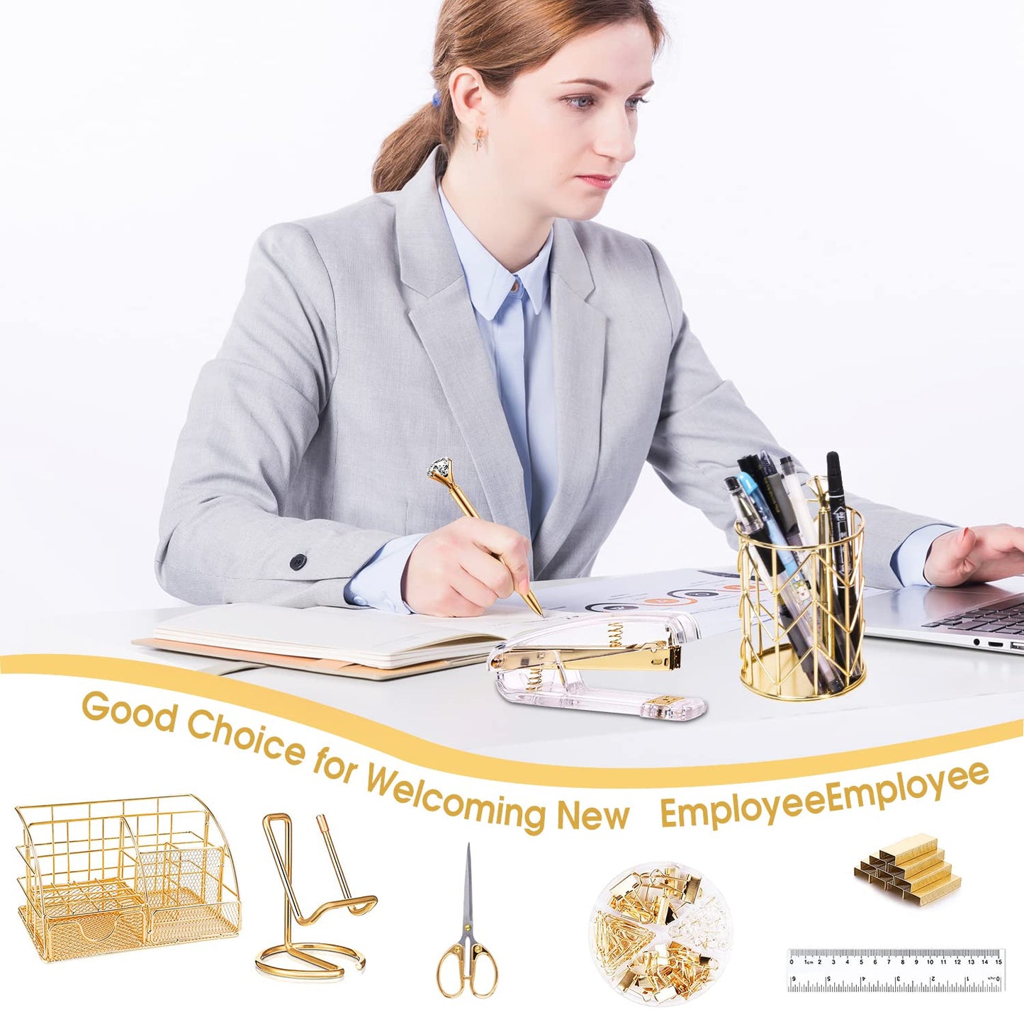 KAAKOW Gold Desk Organizers and Accessories Office Supplies Set Stapler, Pen Holder, Phone Holder, Scissors, Pen, Ruler, 30 Paper Clips, 22 Binder Clip, 20 Tacks and 1000pcs Staples (Gold)