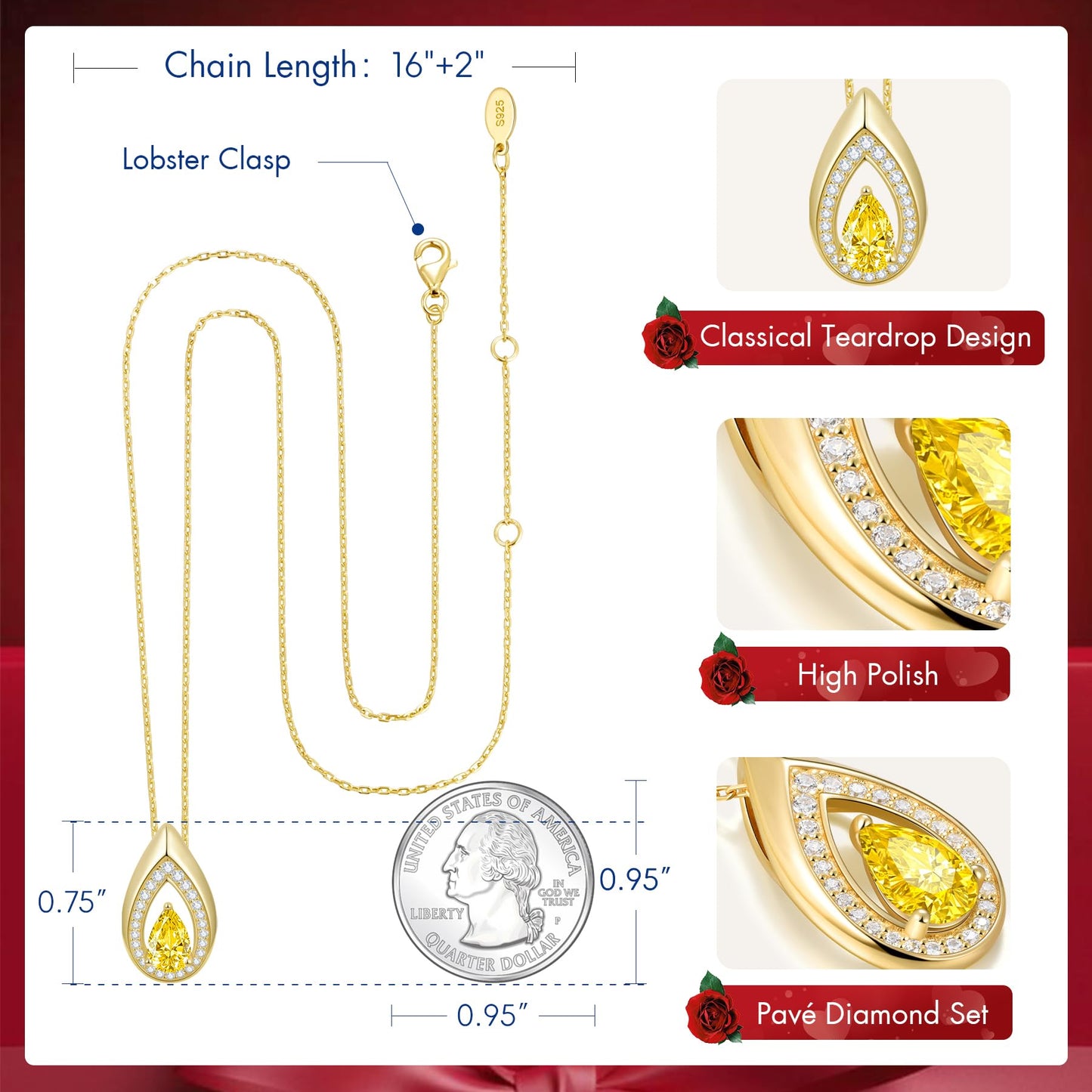 Kstyle 14k Gold Citrine November Birthstone Pendant Necklaces for Women Valentine's Day Birthday Gift Anniversary Jewelry for Wife Daughter Grandma Mom Sister Non Tarnish