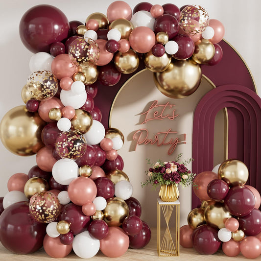 Adeyoo Burgundy Balloon Arch Kit, 139Pcs Balloon Garland Kit with Burgundy, Rose Gold, Gold and White Balloons and Confetti, Elegant Decoration for Wedding, Bridal Shower, Birthday, Bachelorette Party