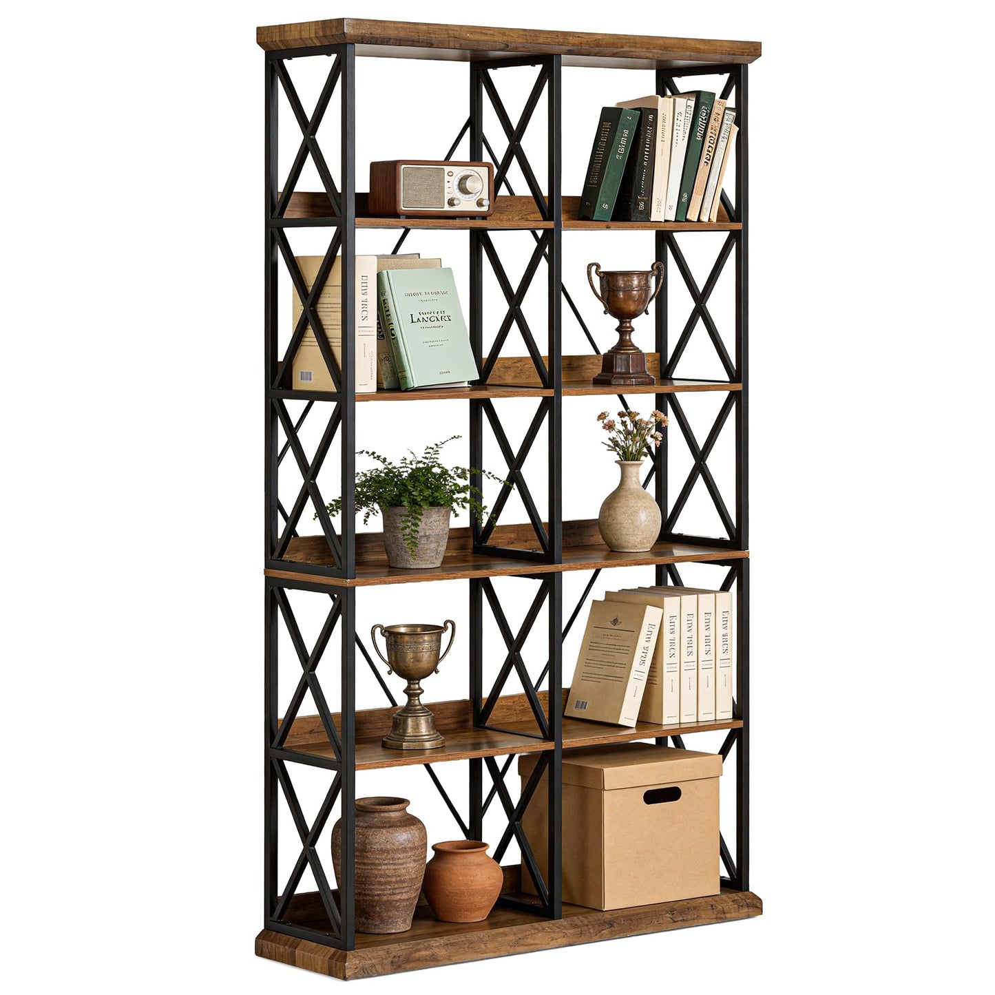 LITTLE TREE Industrial Bookshelf, 6-Tier 47" Wide Bookcase, 75" Tall Standing Shelf Units with 12 Wooden Shelves, Large Open Metal Display Organizer for Office, Living Room, Bedroom, Rustic Brown