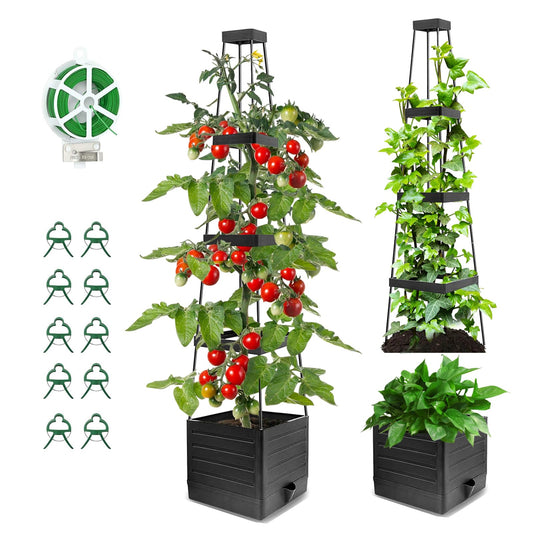 2 Pack Tomato Planter with Trellis 57 Inch, Raised Garden Bed Planter Boxes Self-Watering for Climbing Vegetable, Plants and Tomato Cages for Indoor Outdoor