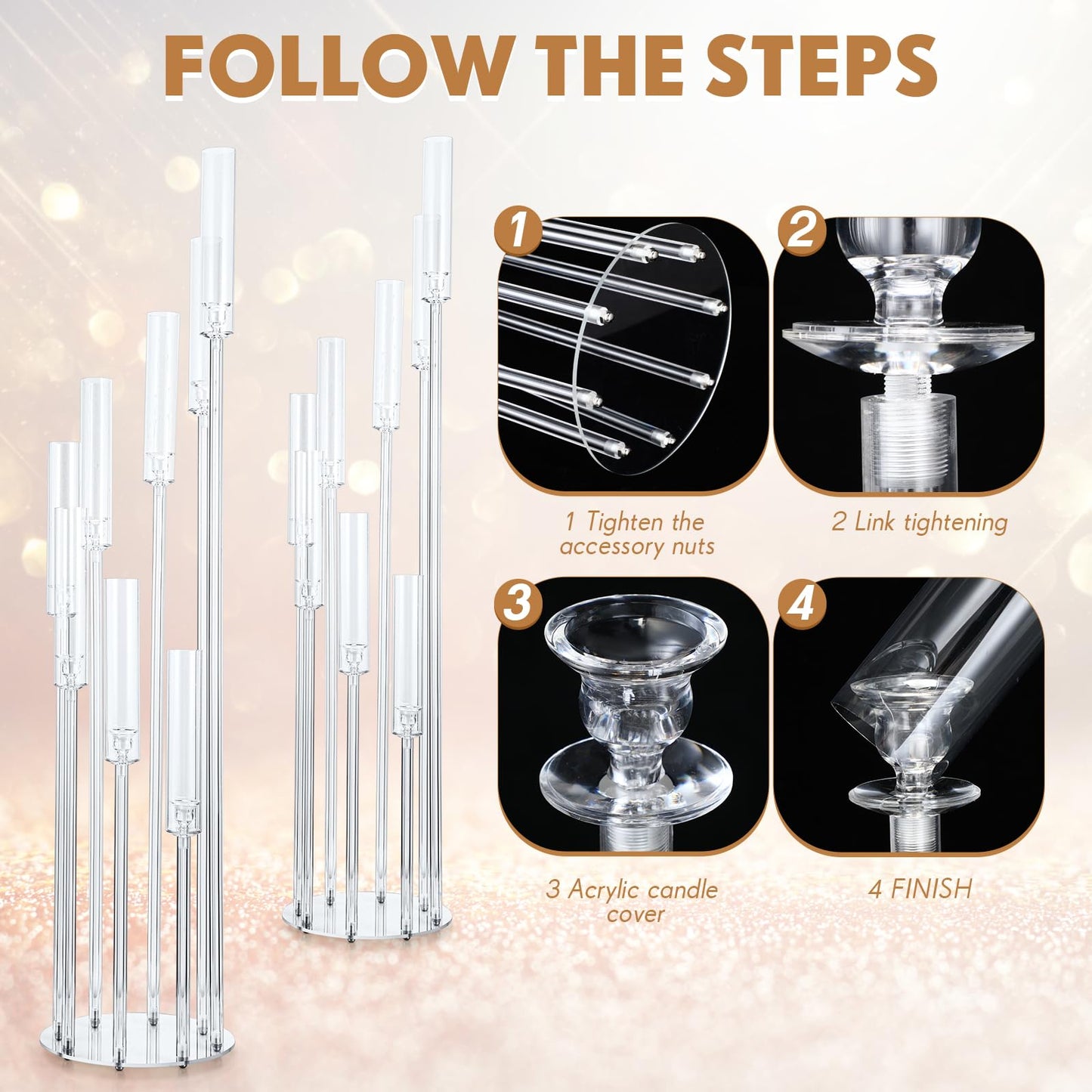 Vesici 2 Pcs 8 Arm Acrylic Candelabra Centerpieces for Tables 49.6 x 11 Inch Candlesticks Holder Clear Acrylic Candle Holder for Wedding Ceremony Floor Home Dinner Party, Fit 0.8" LED Candle"