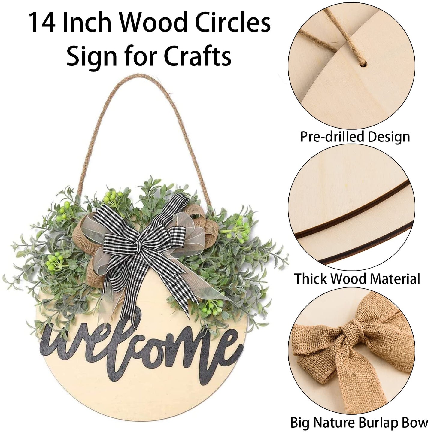 6 Pcs 14 Inch Wood Circles for Crafts Unfinished Wooden Slice Blank Round Wooden Door Hanger Sign Round Wood Discs with Bows,Twine, Glue Point for DIY Craft Christmas Home Holiday Decor,5 mm Thick