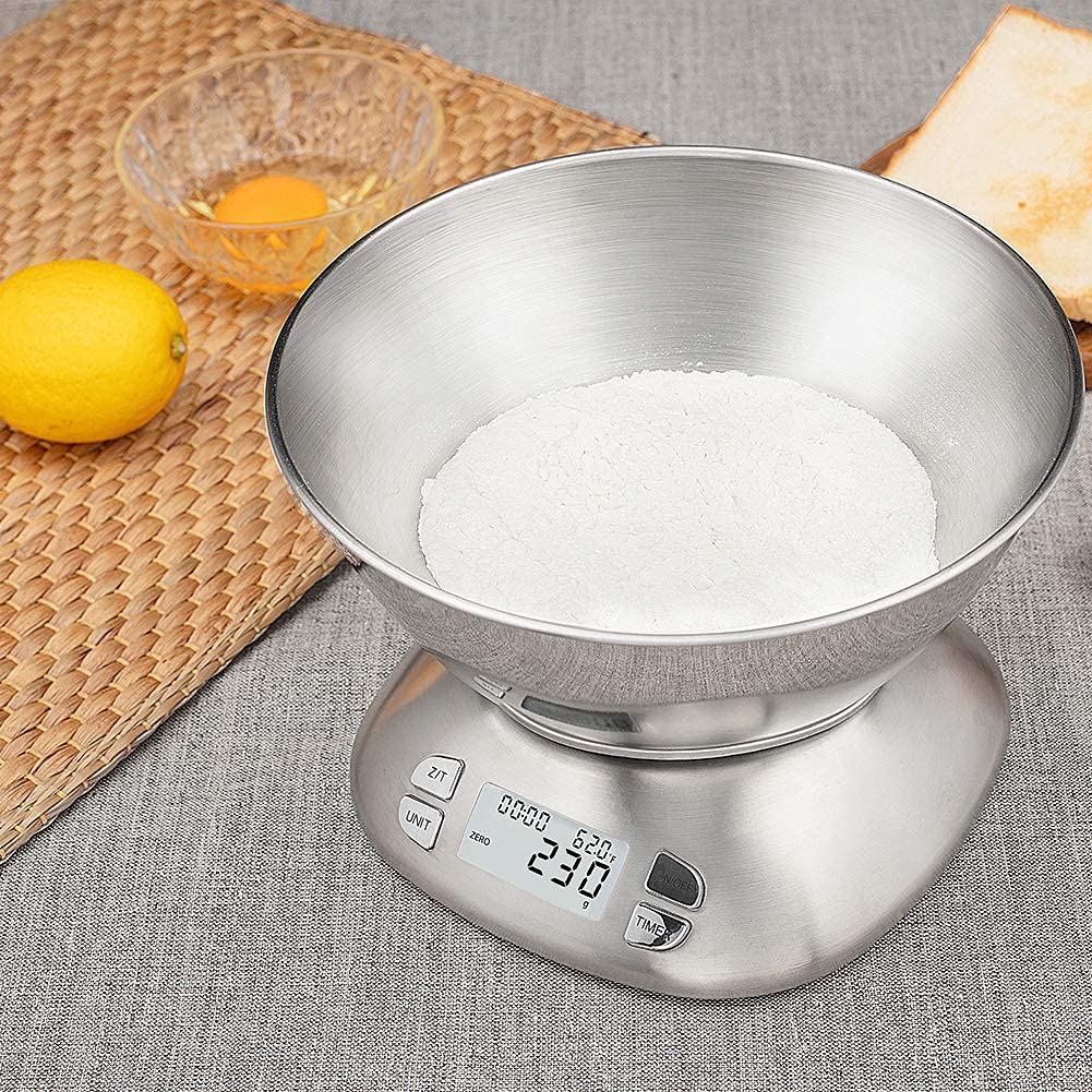Digital Kitchen Scale with Removable Bowl 2.5L Volume, Electronic Stainless Steel Food Scale for Cooking Baking, Room Temperature, Alarm Timer, 12lb 5.5kg, Batteries Included