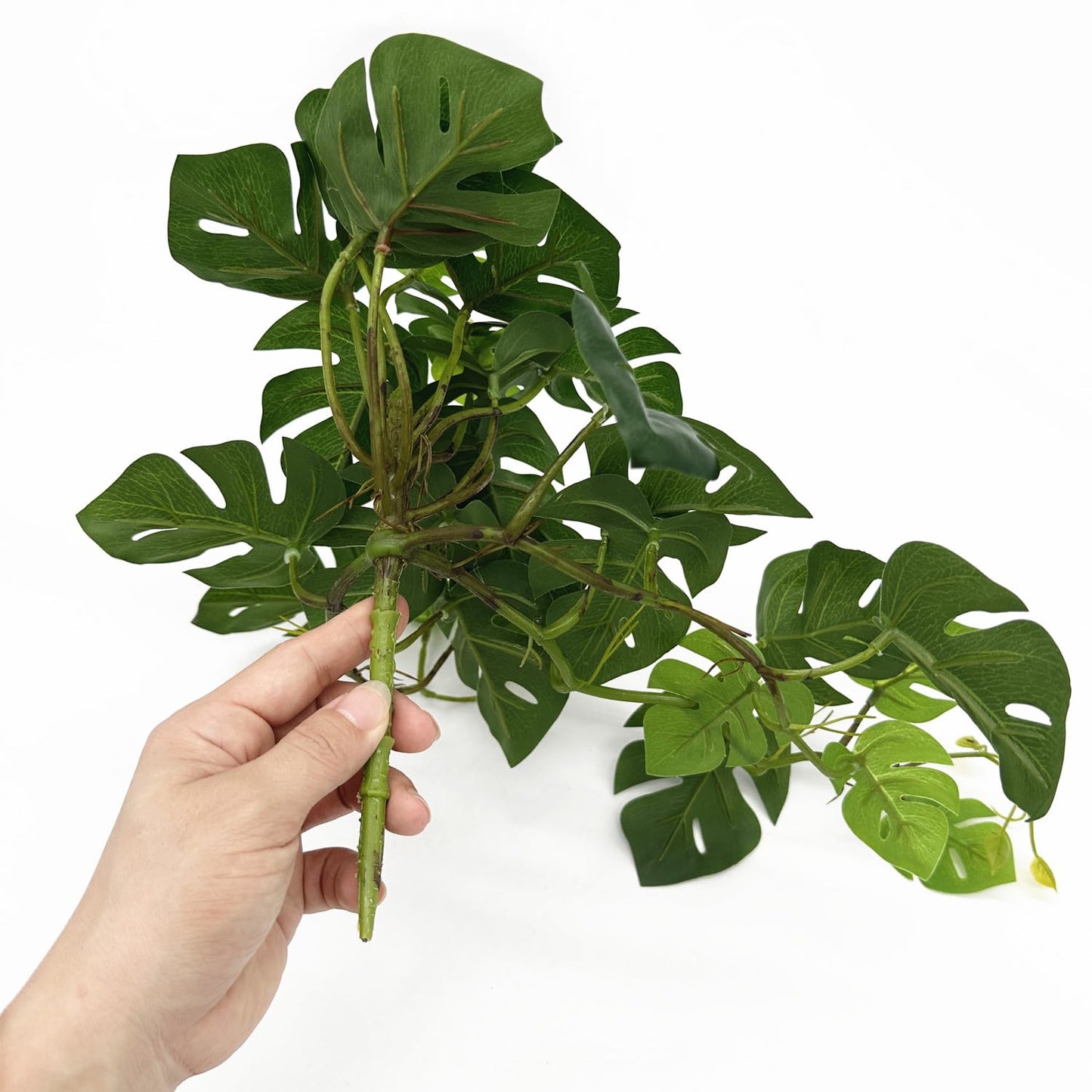 Artificial Monstera Fake Potted Plants Small Palm Hanging Vine Fake Tropical Plant Ivy Faux Greenery for Home Decor Indoor Outdoor Garden Pot Shelf Living Room Office Party DIY Decoration Green 2 Pack