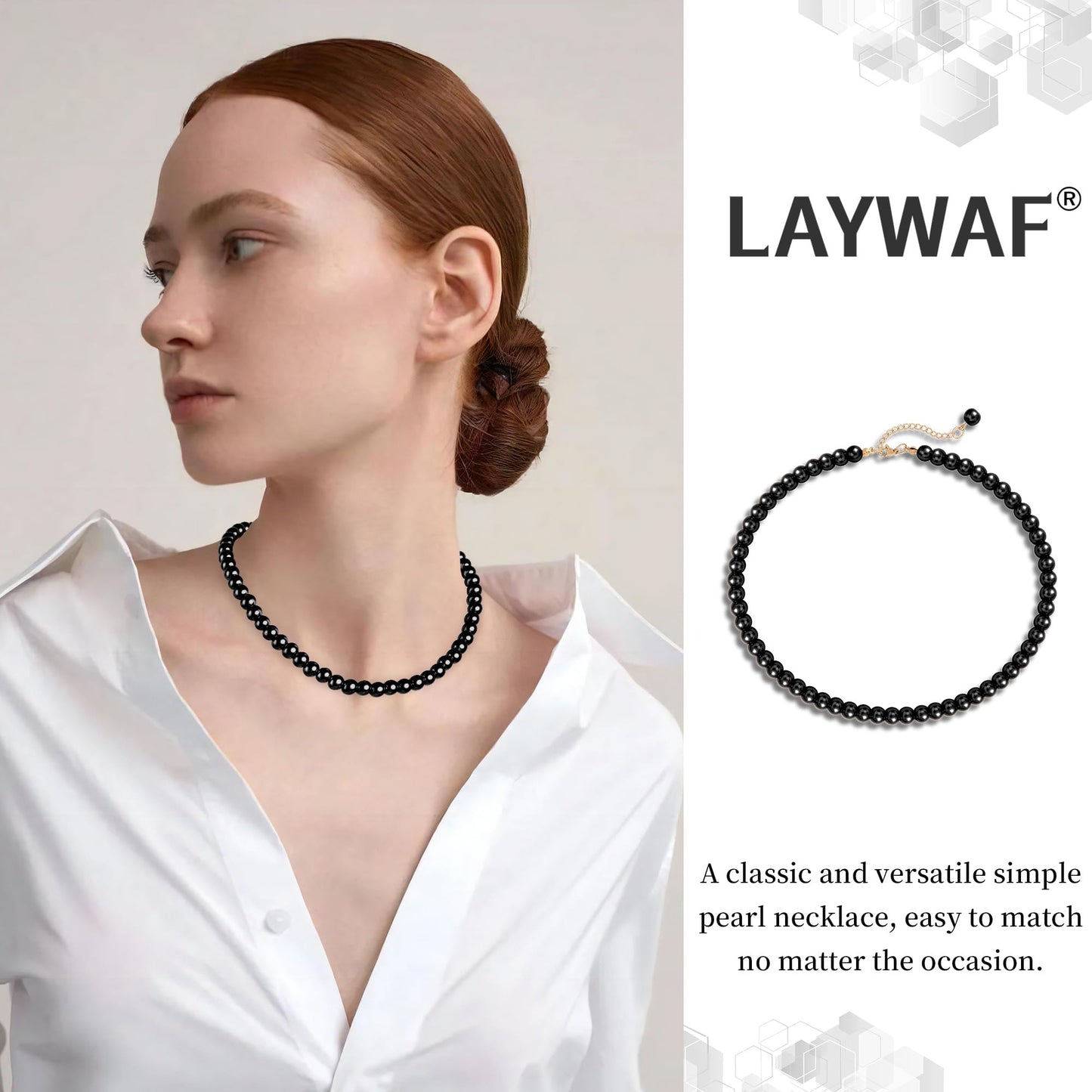 LAYWAF Imitation Pearl Black Necklace for Women Mom, Fake Pearl Choker Necklace, 8MM Beaded Necklace, Simple Faux Pearl Accessories Costume Jewelry