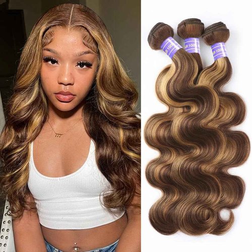Perstar Ombre Human Hair Bundles Body Wave P4/27 Honey Blonde Bundles Highlight Brown Colored 3 Bundles 14 16 18 Inches 12A 100% Brazilian Virgin Remy Hair Weft
