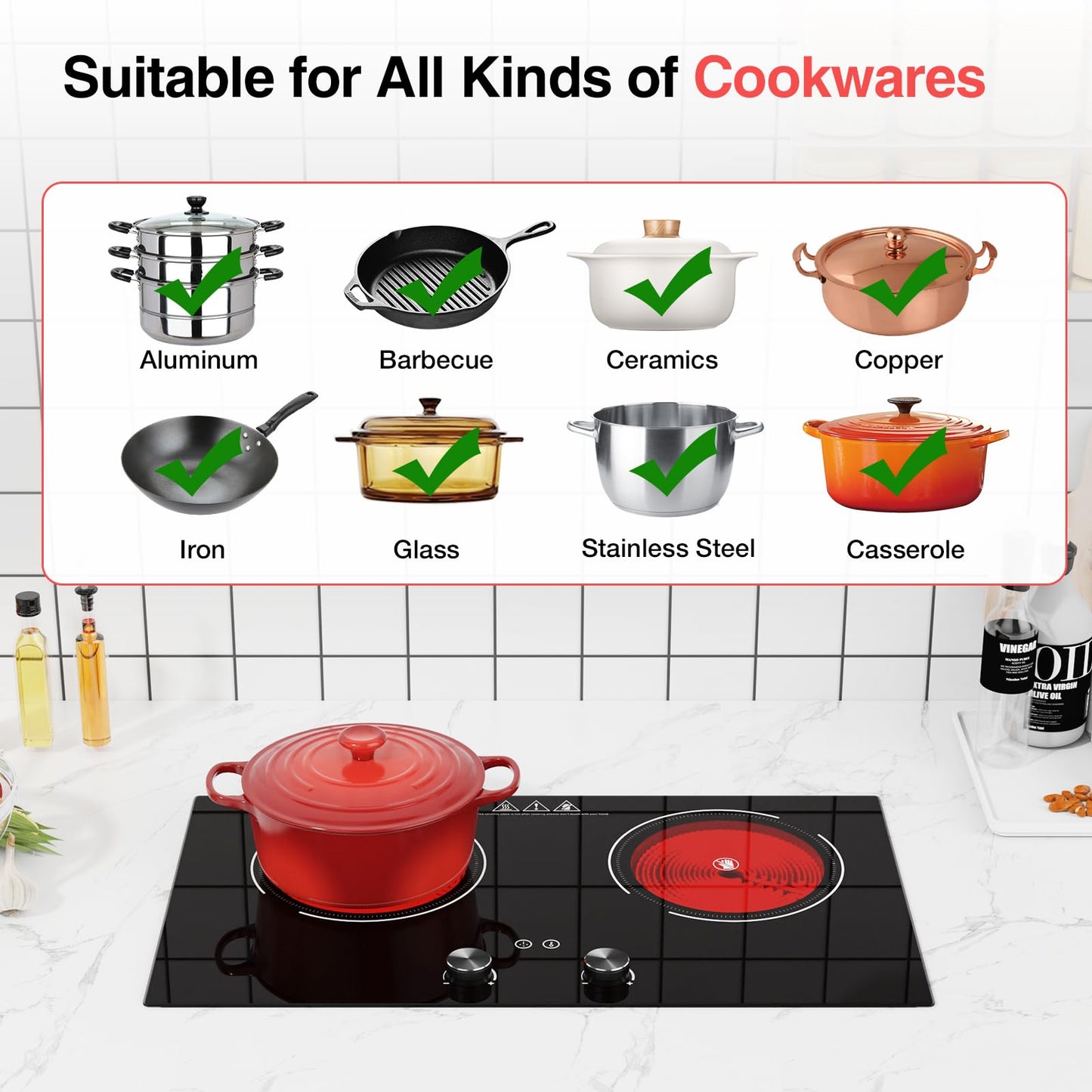 GTKZW 4000W Electric Cooktop: 24" Electric Stove 2 Burner Hot Plate Double Burner, Knob Control Countertop & Built-in, 9 Power Levels, Child Lock, Timer, Suitable for All Pans